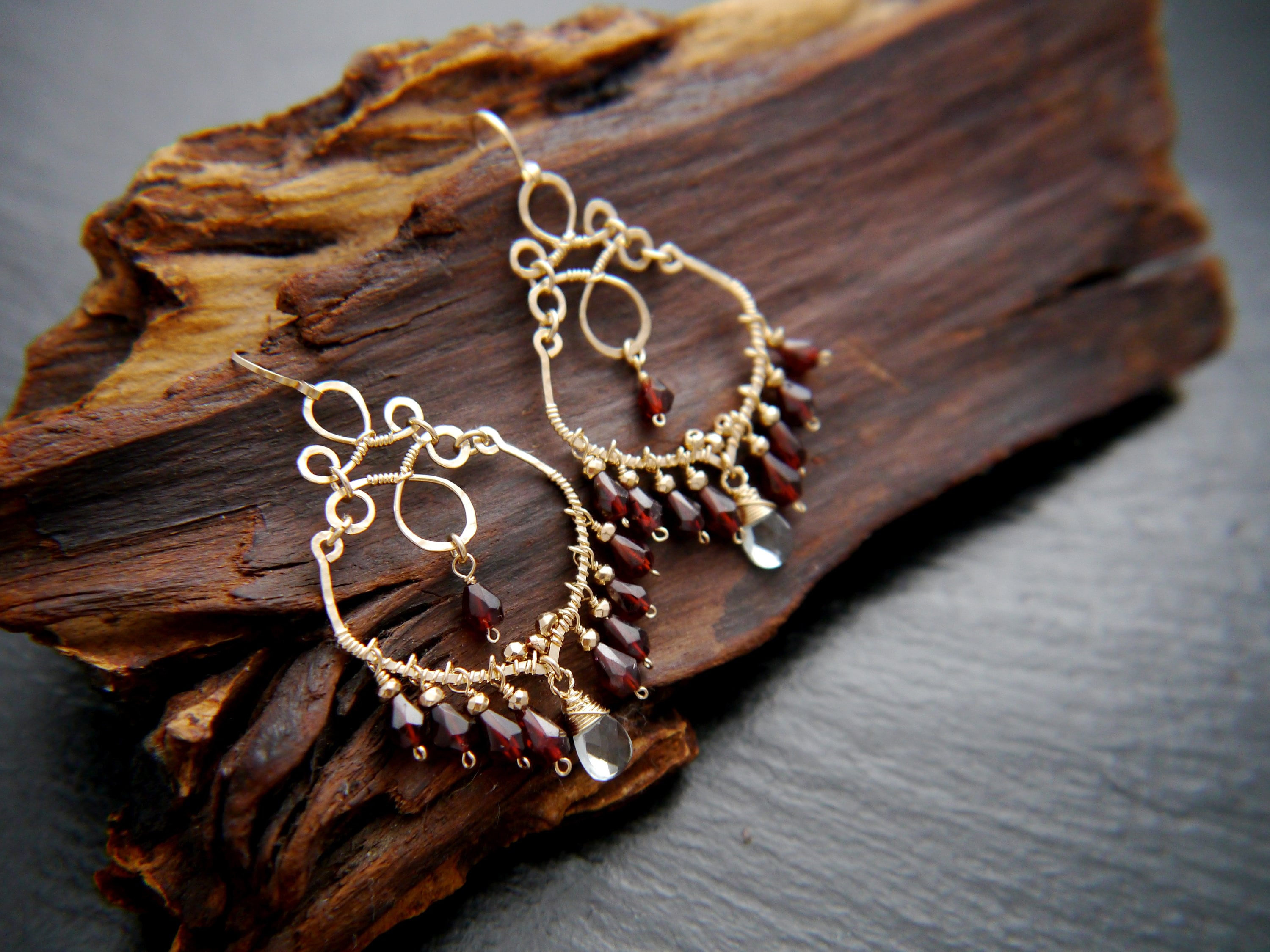 Garnet Aquamarine Boho Chandelier Earrings, 14K Gold Filled Fringe Dangle, Statement Jewelry