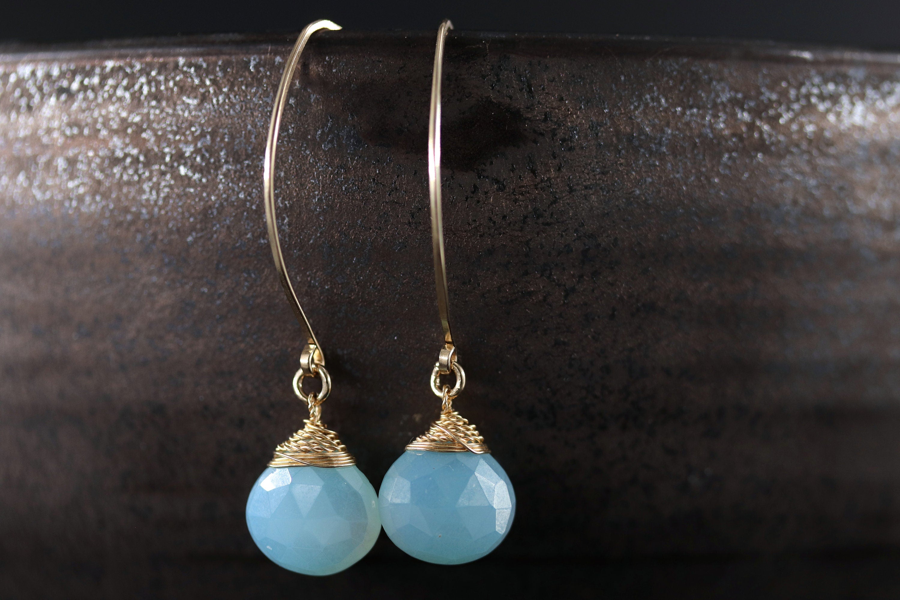 Aqua Chalcedony Heart Briolette Gemstone Earrings, 14K Gold Filled Romantic Gift