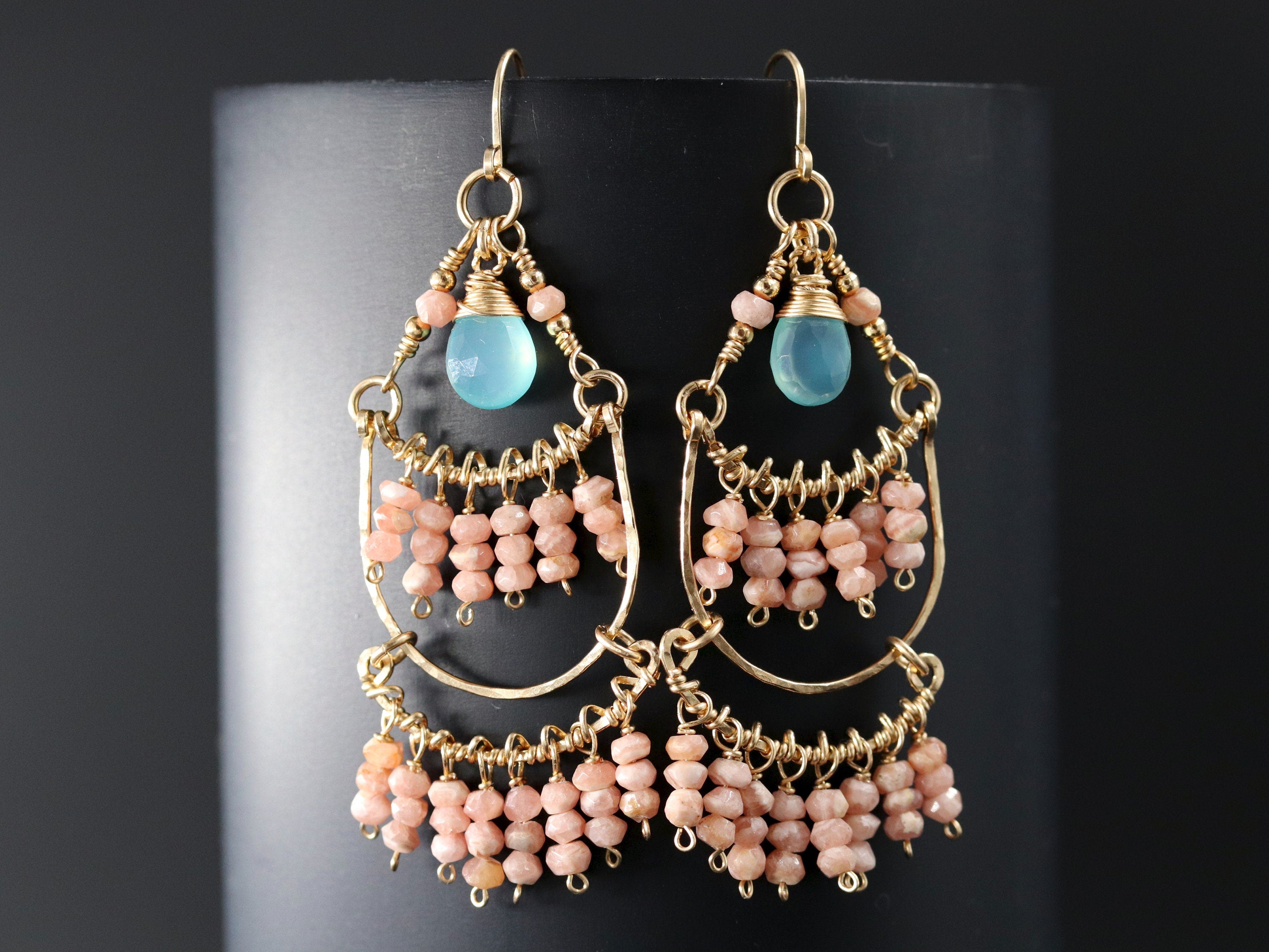 Pink Rhodonite Aqua Chalcedony Fringe Chandelier Gemstone Earrings, 14K Gold Filled