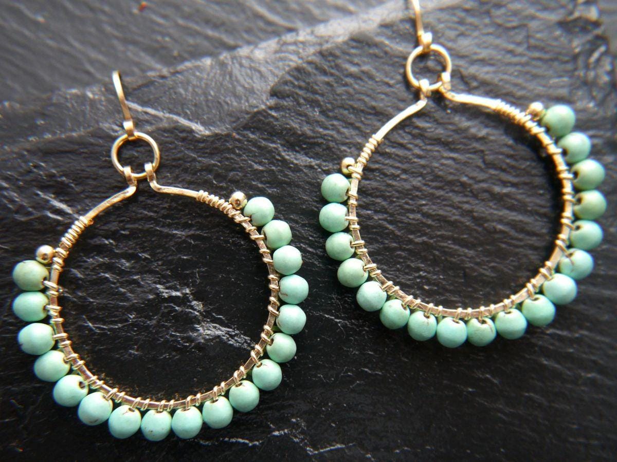 Turquoise Magnesite Hoop Gemstone Earrings, 14K Gold Filled Summer Style
