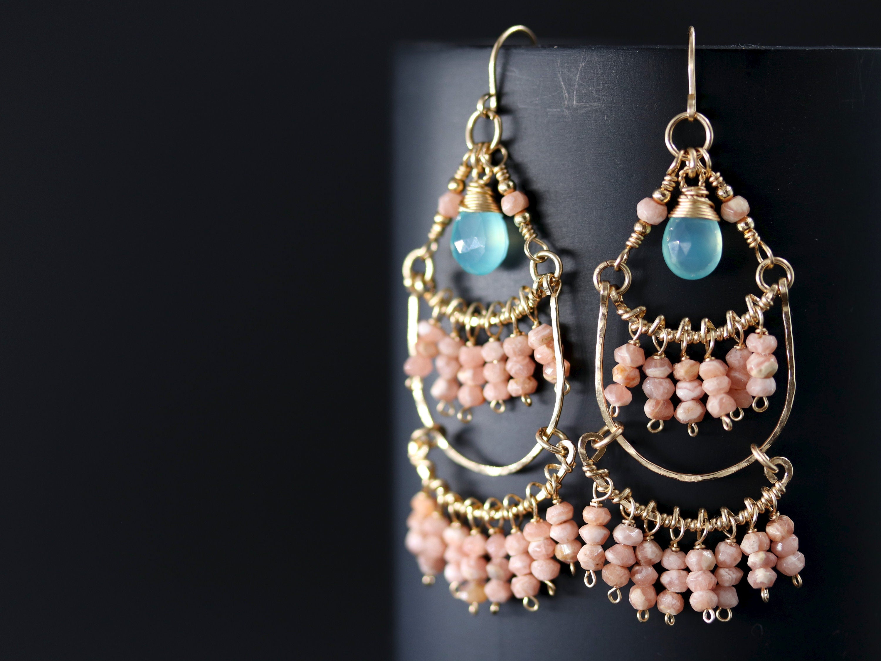Pink Rhodonite Aqua Chalcedony Fringe Chandelier Gemstone Earrings, 14K Gold Filled