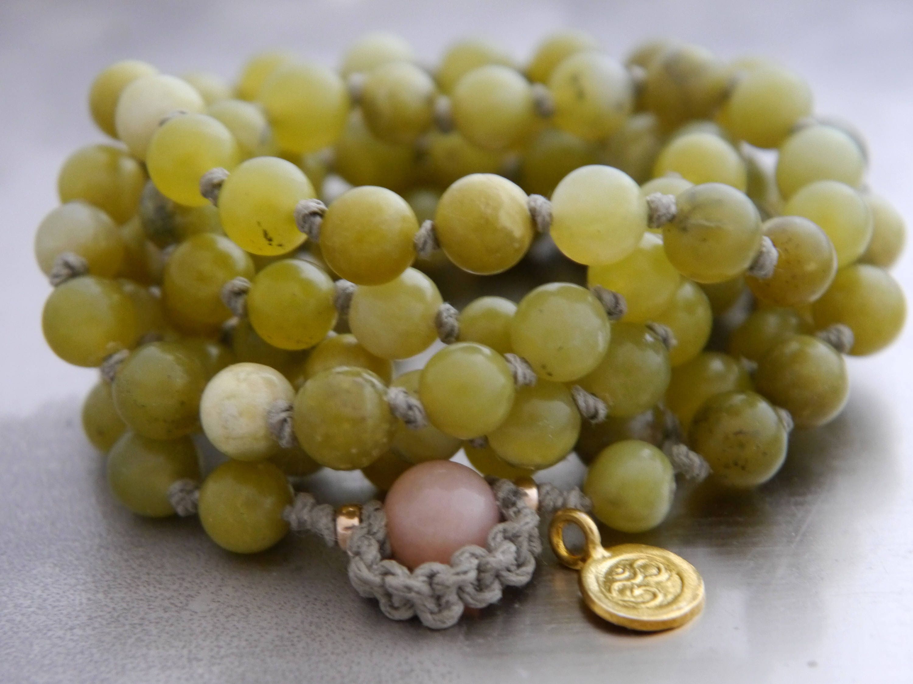 Olive Green Serpentine Mala Beads, 108 Gemstone Beads, Wrap, Hand Knotted