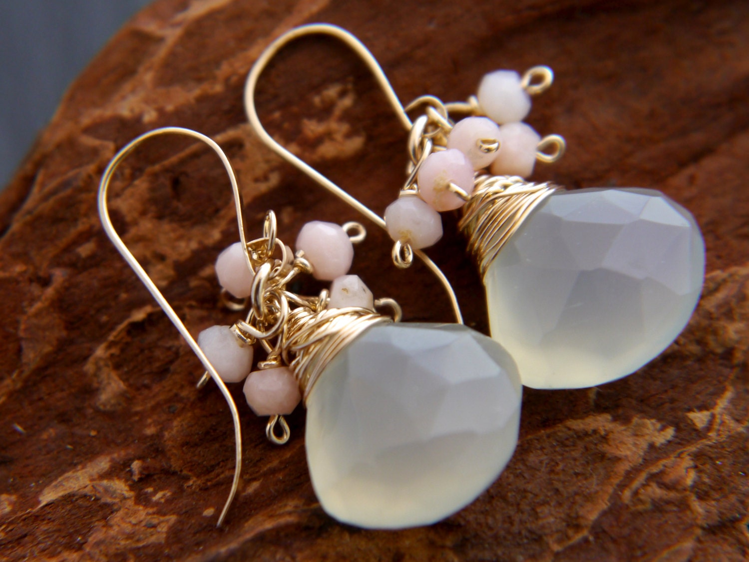 Aqua Chalcedony Pink Opal Floral Cluster Gemstone Earringsr, 14K Gold Filled Bridal