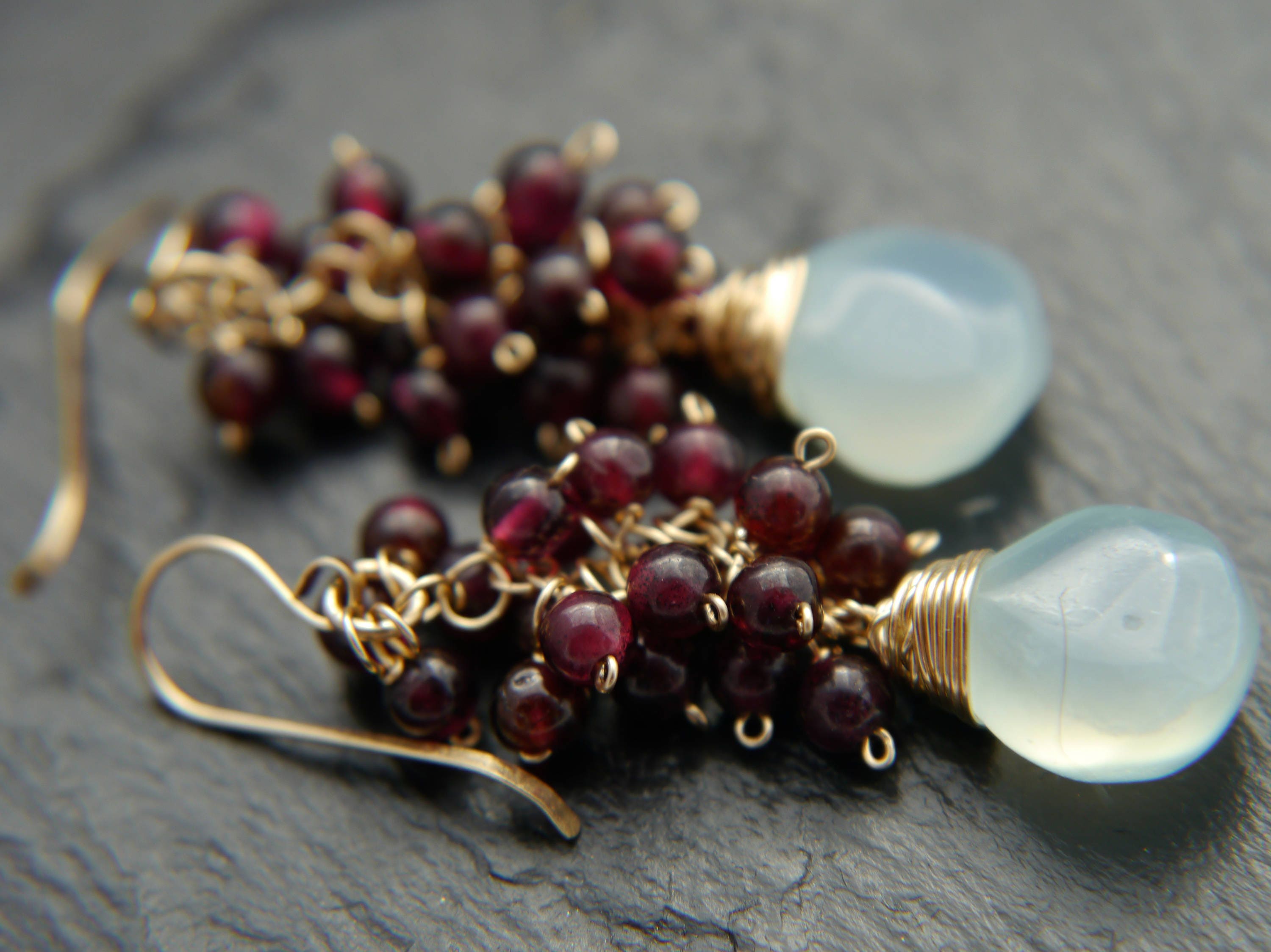 Aqua Chalcedony Garnet Cluster Earrings, 14K Gold Filled Briolette Dangle, Boho Jewelry
