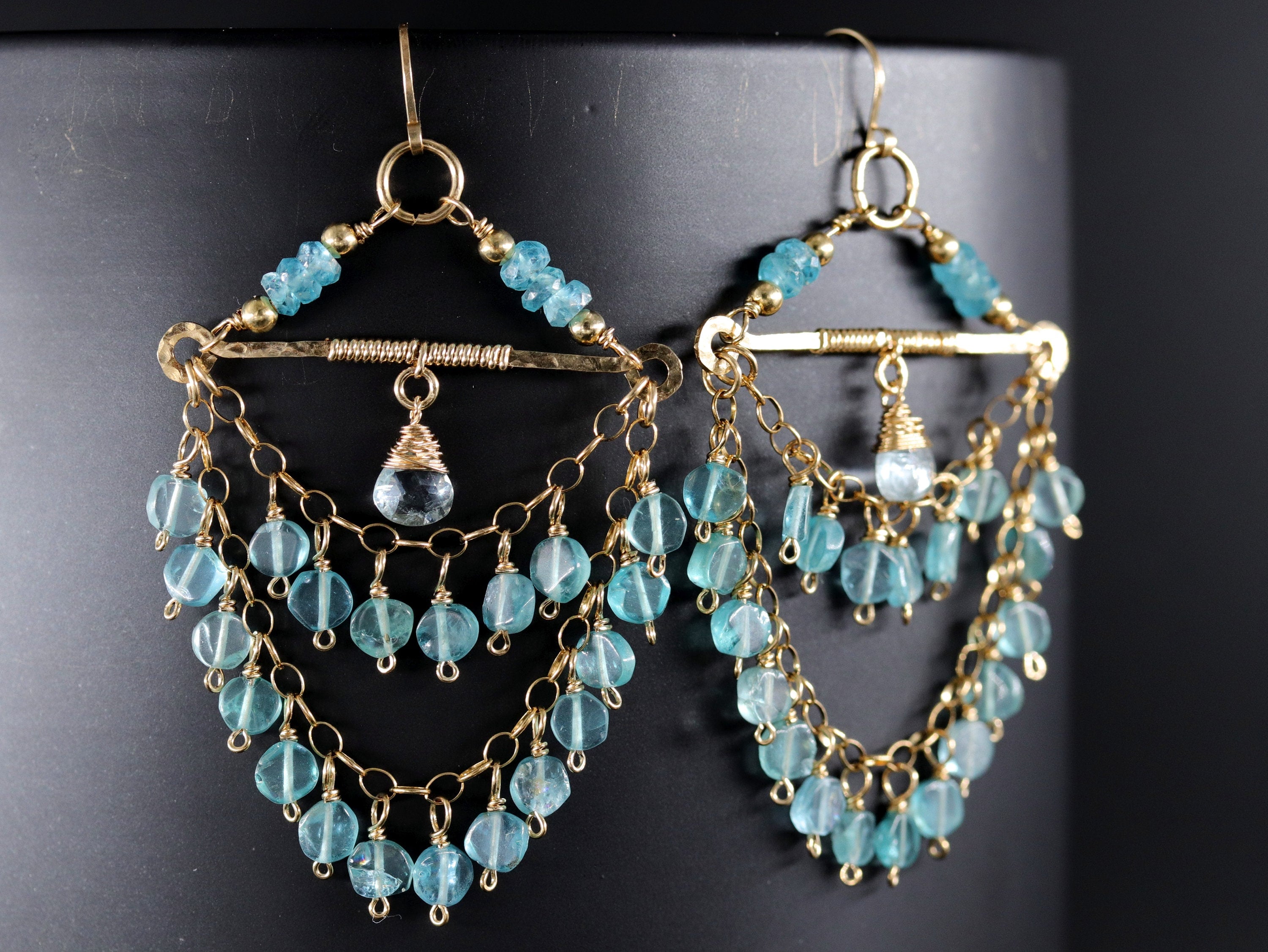 Aquamarine Fringe Chandelier Earrings, 14K Gold Filled Tiered Waterfall Dangle, Coastal Bridal Statement Jewelry