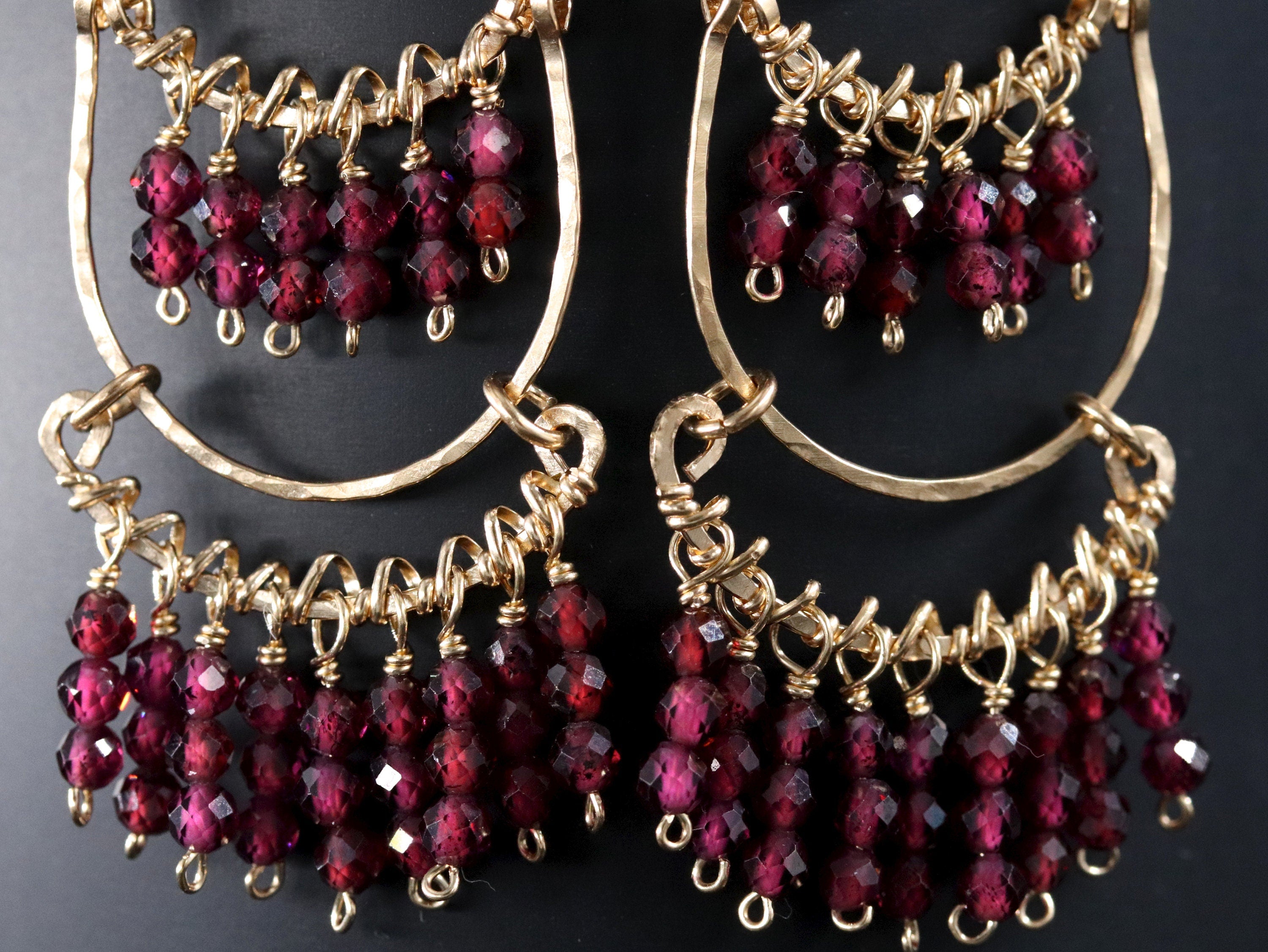 Garnet Aquamarine Long Dangle Earrings, 14K Gold Filled Fringe Drop, Bohemian Jewelry