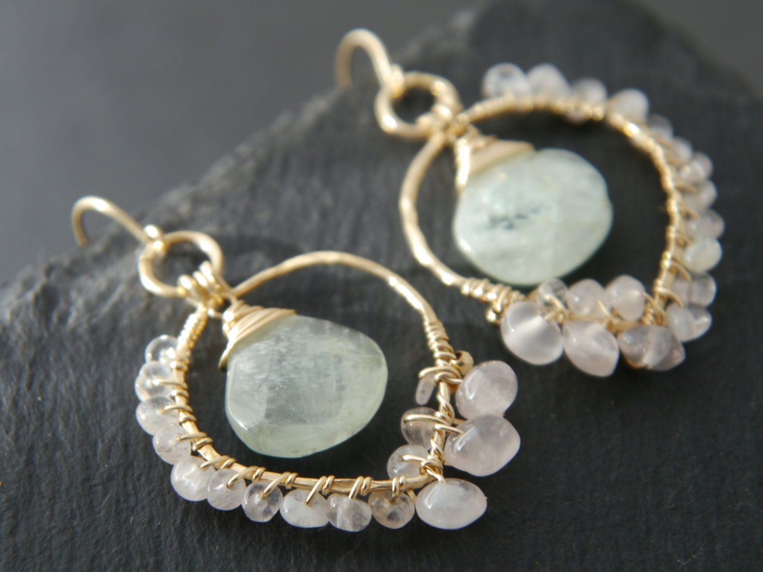 Aquamarine Rose Quartz Floral Chandelier Gemstone Earrings, 14K Gold Filled Wedding