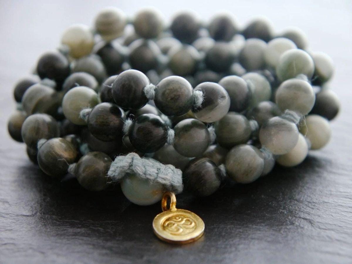 Deep Green Line Jasper108 Mala Bead , Wrap, Hand Knotted Tibetan Prayer Beads