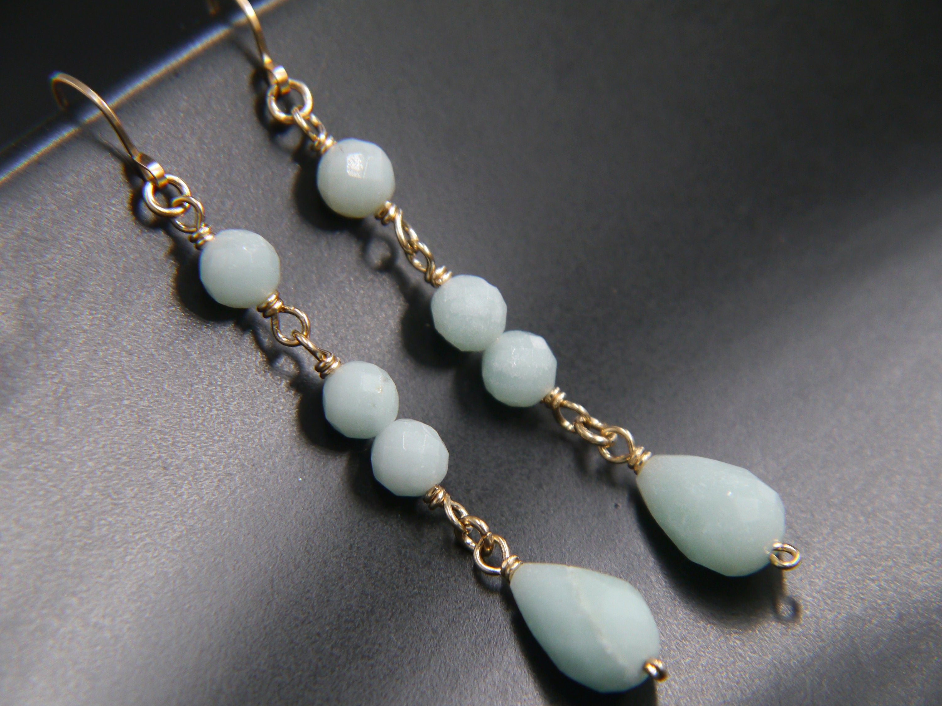 Aqua Amazonite Long Dangle Earrings, 14K Gold Filled Linear Drop, Minimal Jewelry