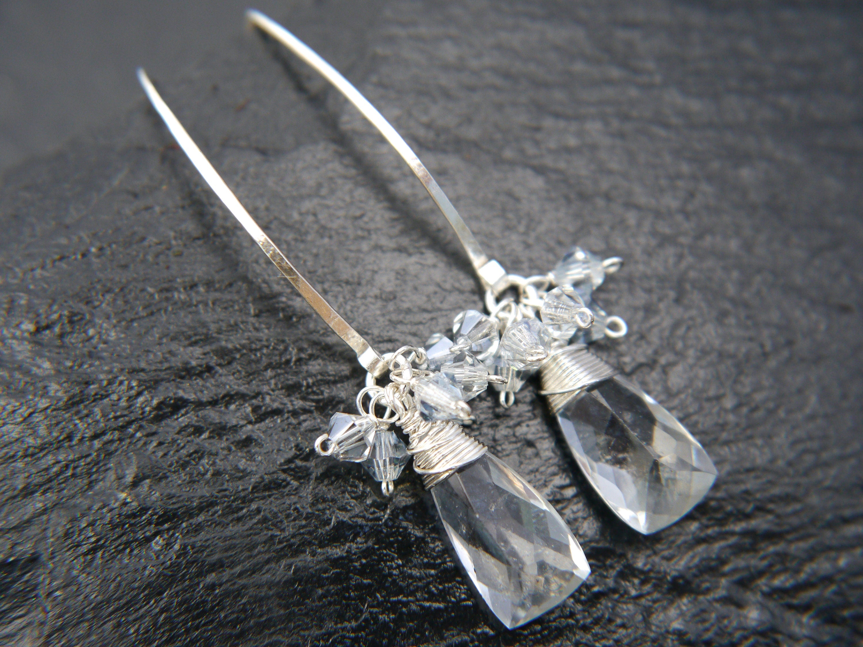 Quartz Crystal Long Hoop Gemstone Earrings, Sterling Silver, Classic Wedding