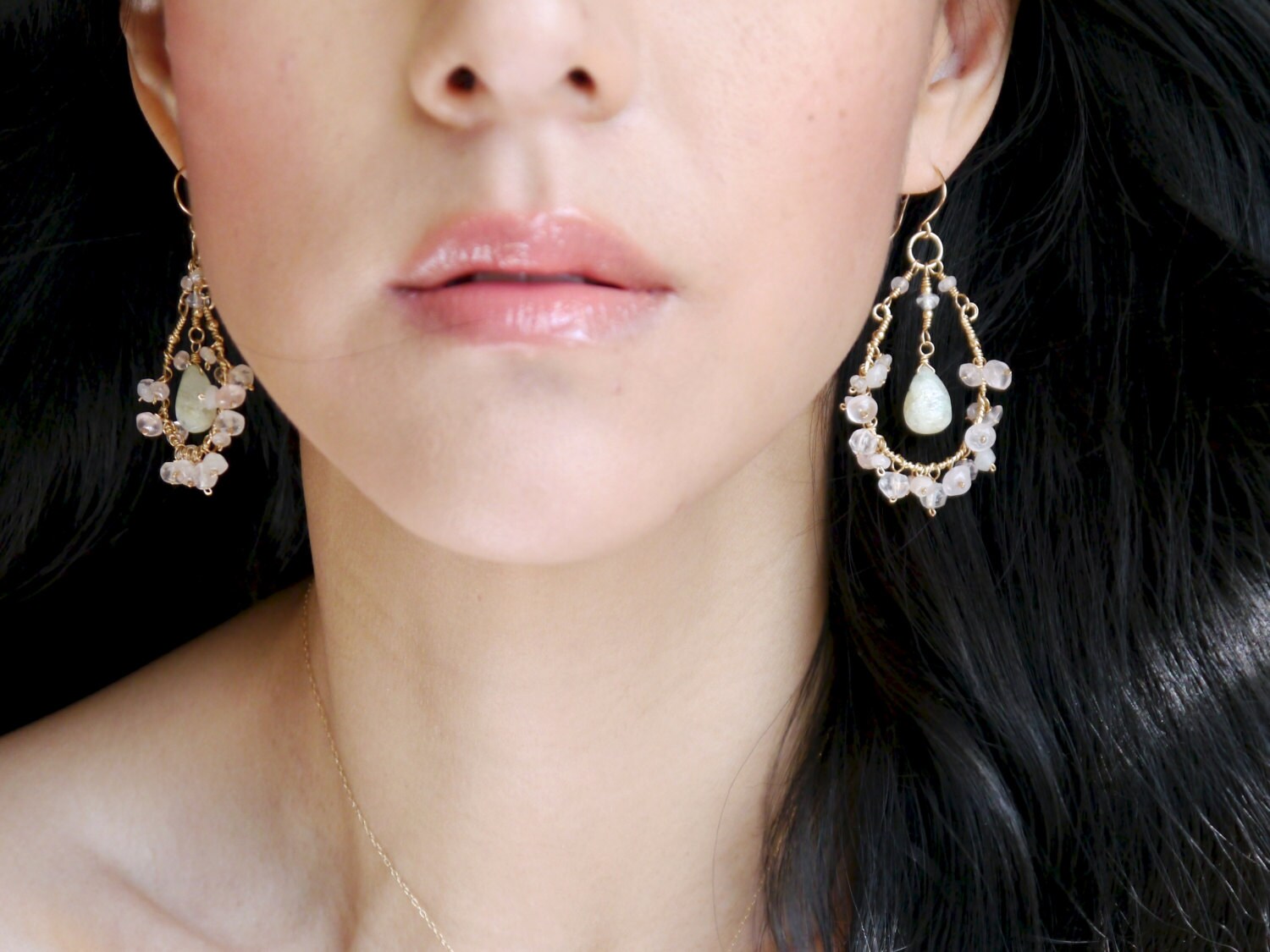 Aquamarine Rose Quartz Floral Chandelier Gemstone Earrings, 14K Gold Filled Wedding