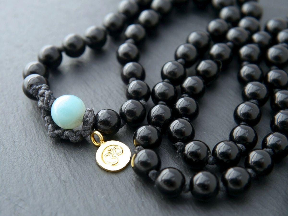 Black Obsidian M108 Mala Bead , Wrap, Hand Knotted Tibetan Prayer Beads