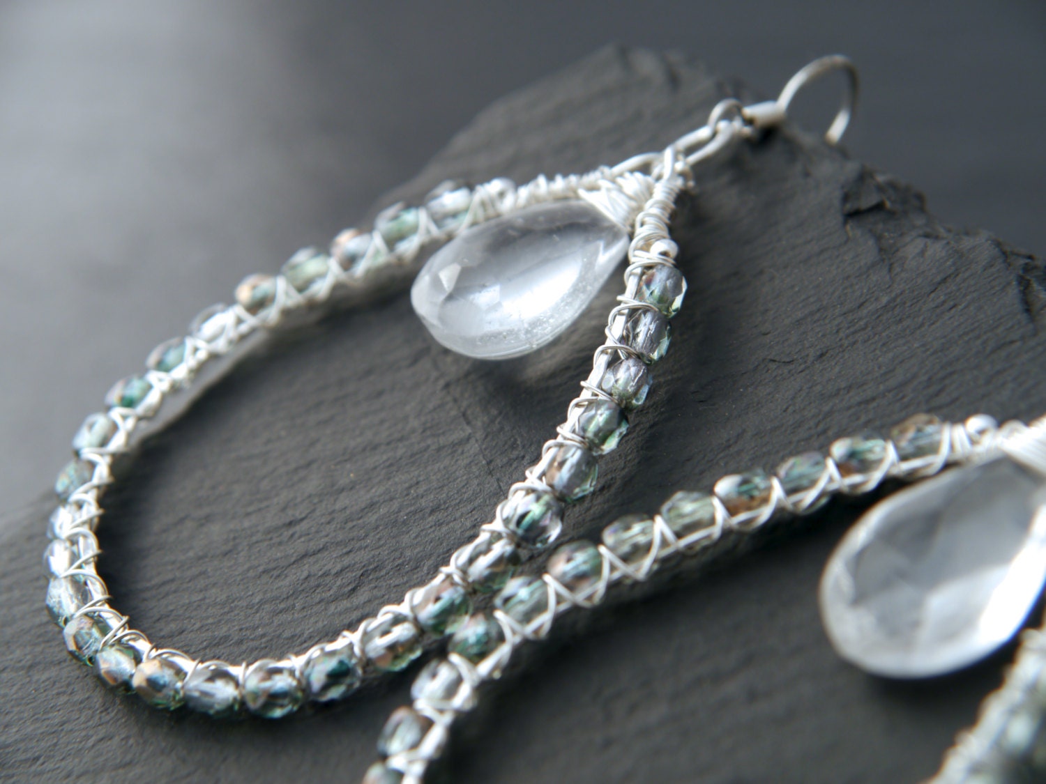 Quartz Czech Glass Briolette Teardrop Gemstone Earrings, Sterling Silver Hoops