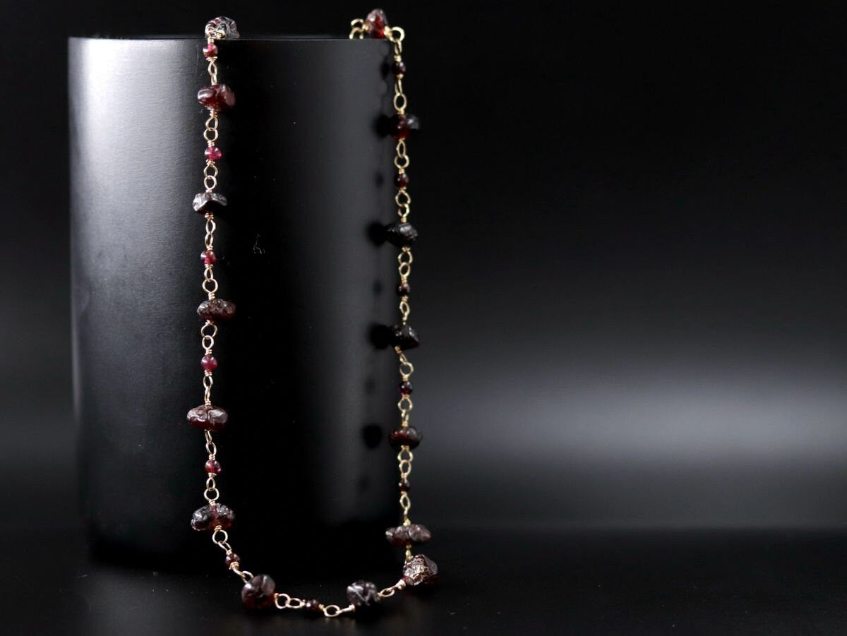 Garnet Rosary Chain Gemstone Necklace, 14K Gold Filled