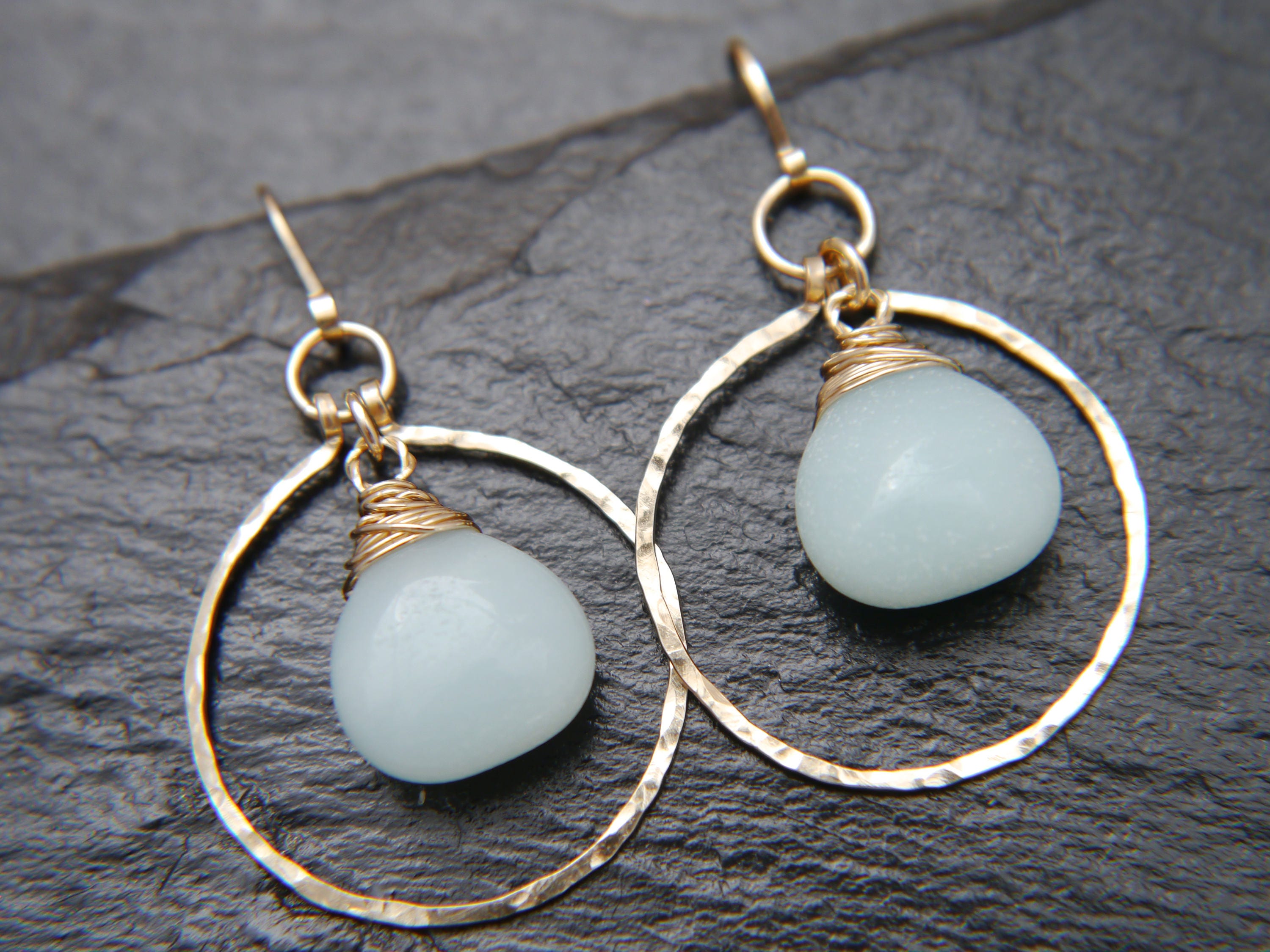 Amazonite Hoop Earrings, 14K Gold Filled Circle Dangle, Everyday Gemstone Jewelry