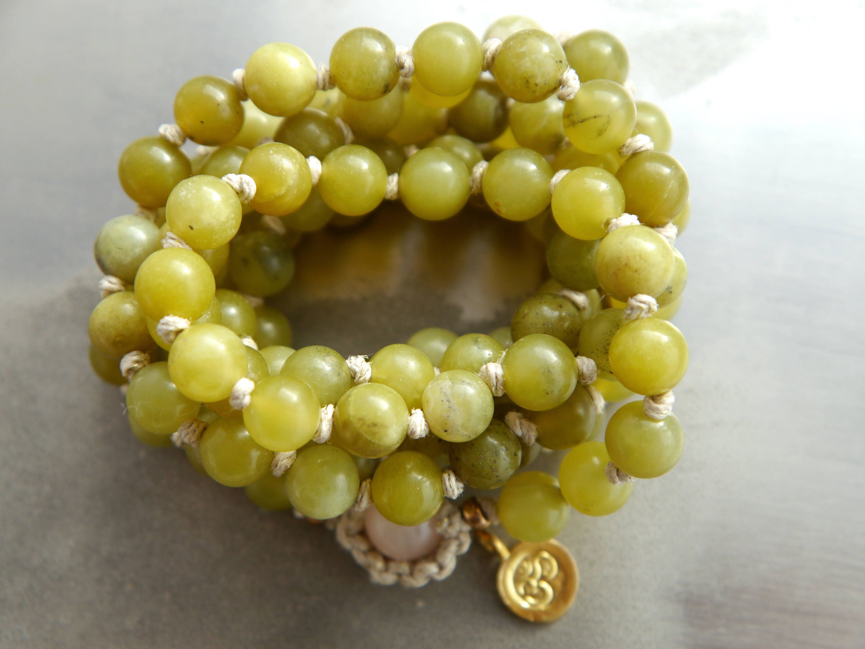 Olive Green Serpentine Mala Beads, 108 Gemstone Beads, Wrap, Hand Knotted