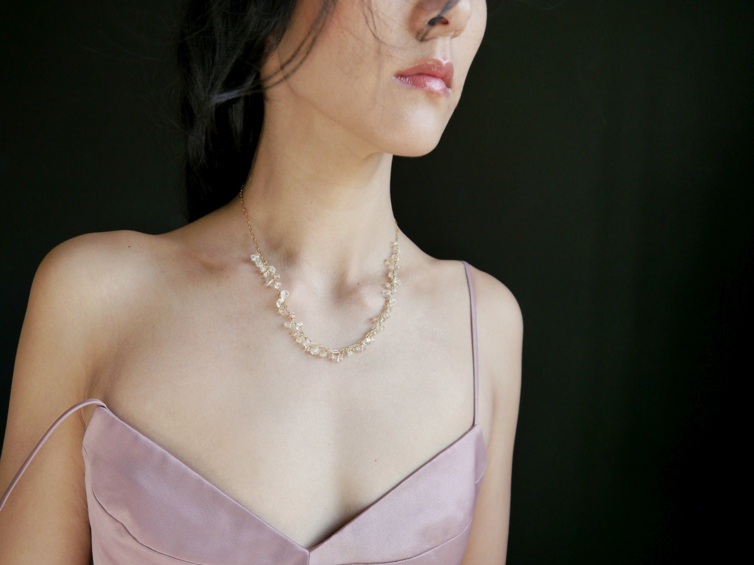 Citrine Garland Necklace, 14K Gold Filled Fringe Chain, Delicate Minimalist Jewelry