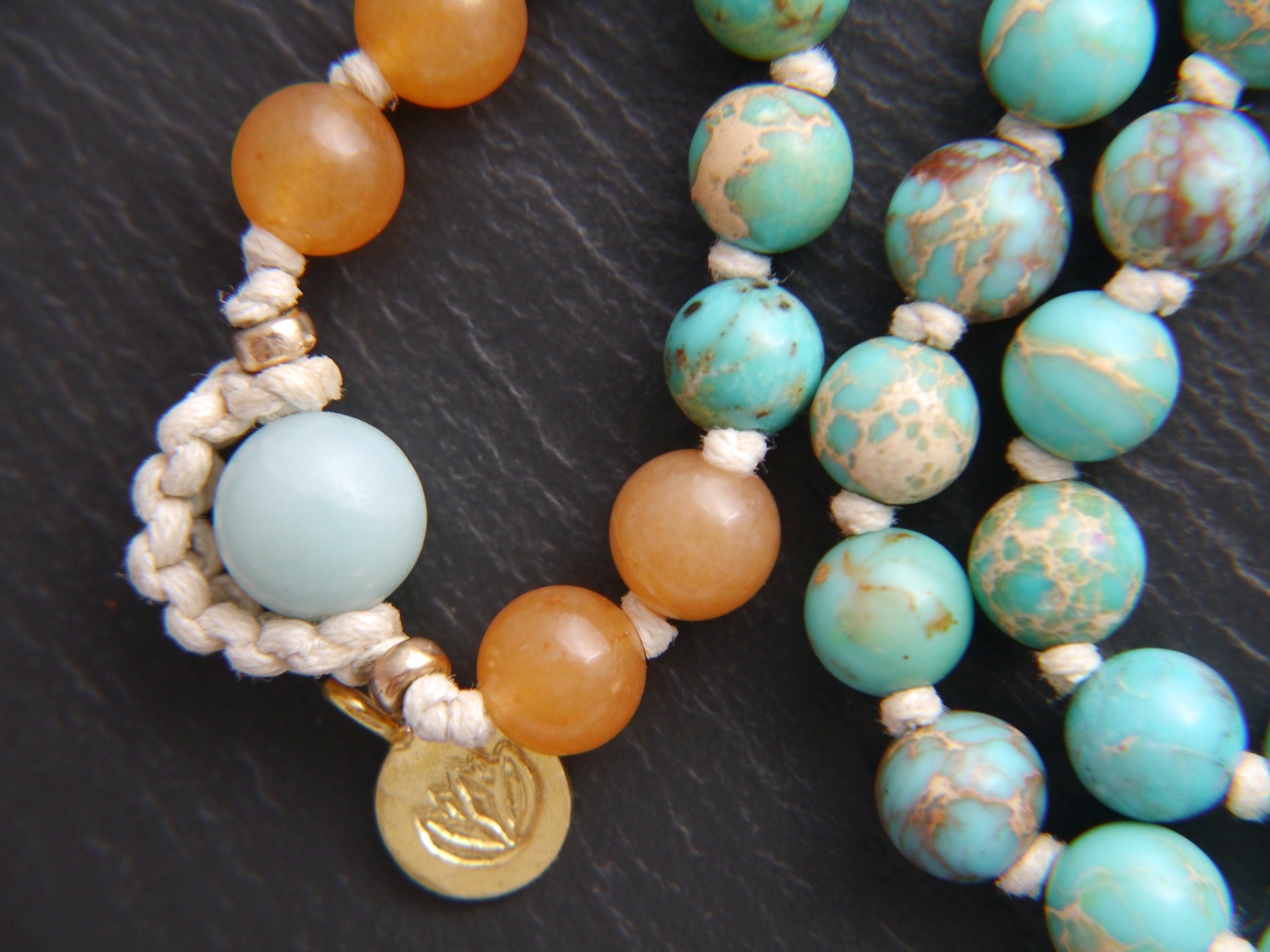 Red Aventurine Amazonite Mala Beads, 108 Gemstone Beads, Wrap, Hand Knotted