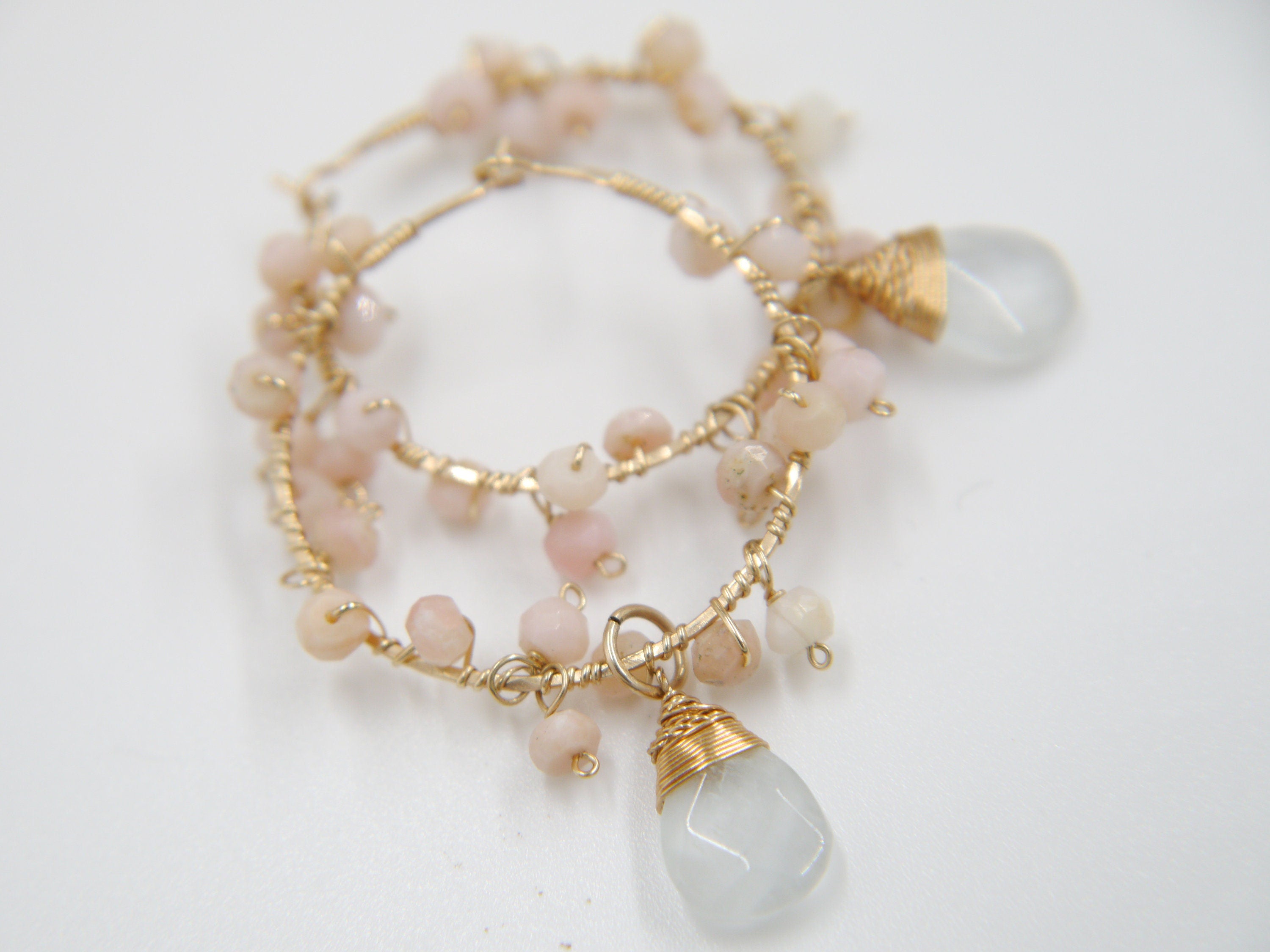 Aquamarine Pink Opal Floral Hoop Gemstone Earrings, 14K Gold Filled Bridal