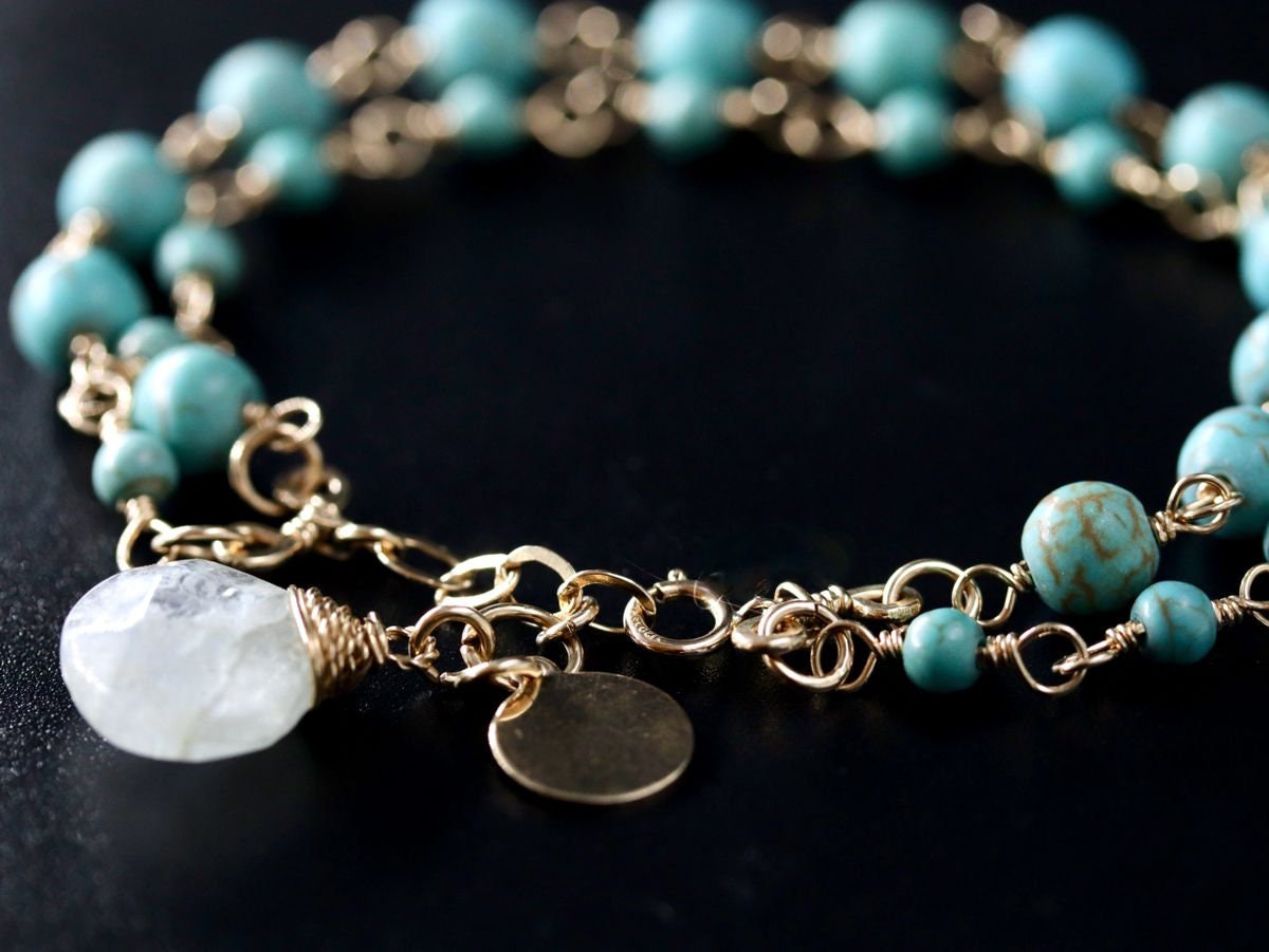Turquoise Magnesite Aquamarine Layering Gemstone Bracelet – 14K Gold Filled Chain, March Birthstone