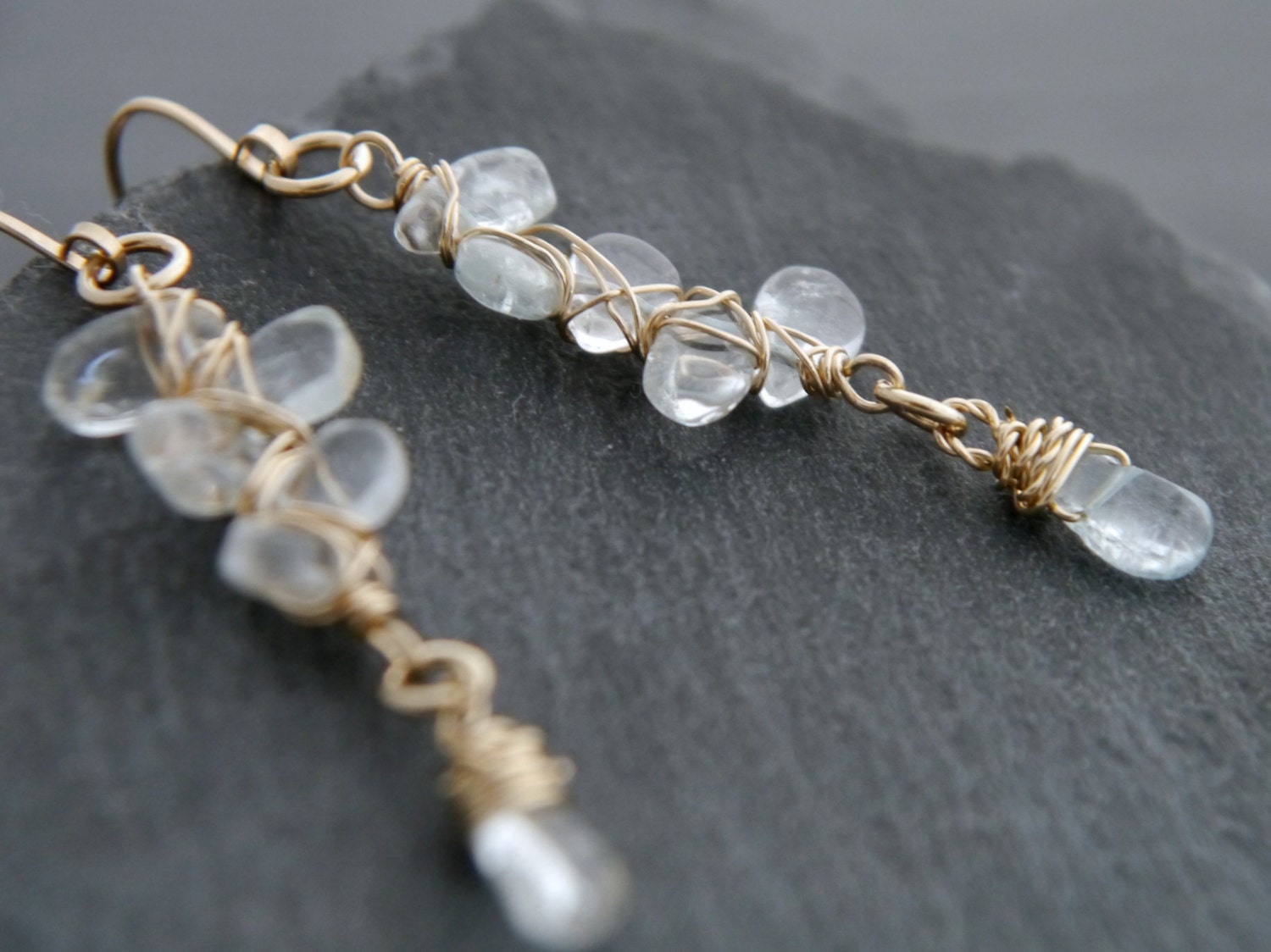 Aquamarine Teardrop Long Dangle Floral Gemstone Earrings, 14K Gold Filled Bridal