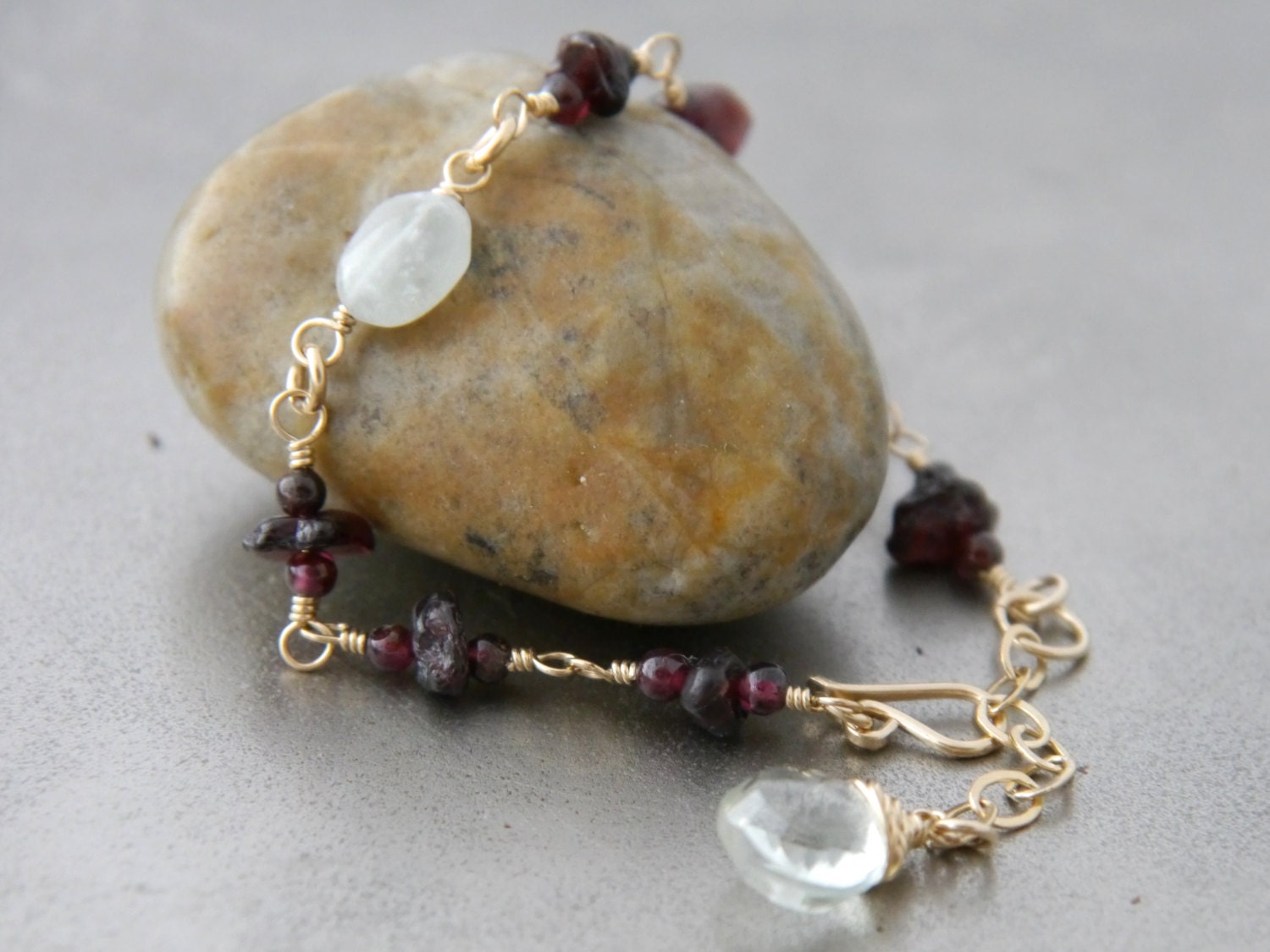 Garnet Aquamarine 14K Gold Filled Rosary Chain Gemstone Bracelet Boho Jewelry