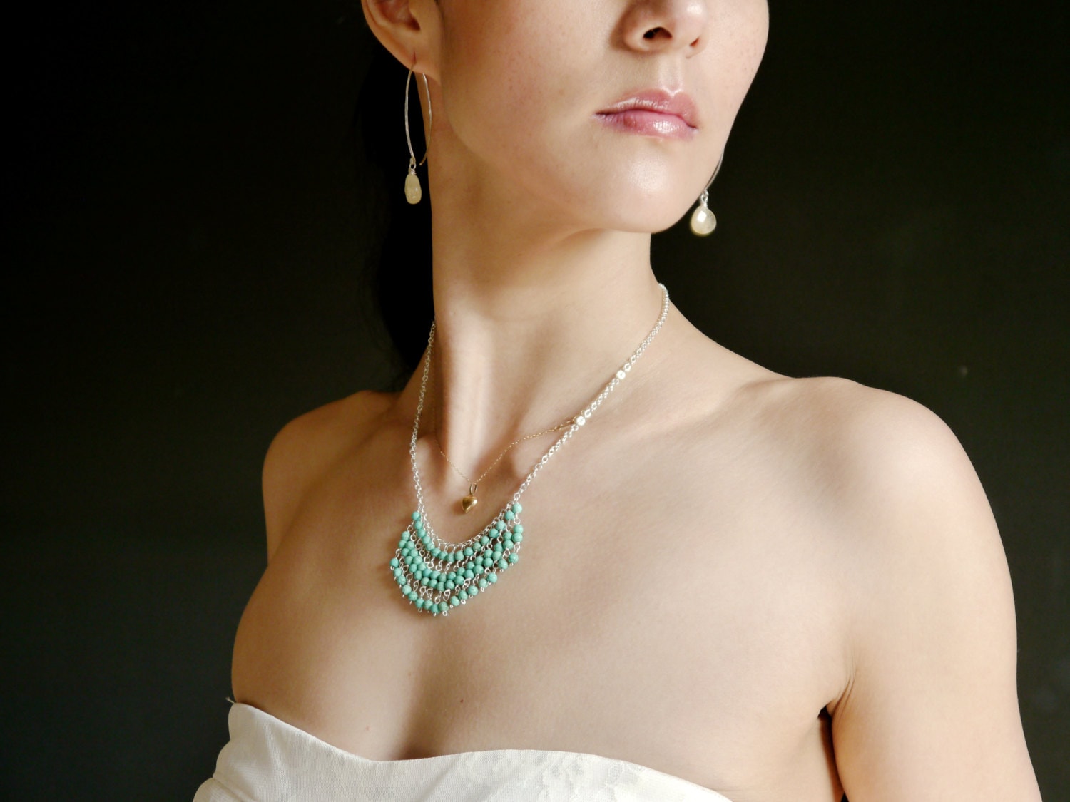 Turquoise Magnesite Tassel Chain Gemstone Necklace, Sterling Silver, Bohemian