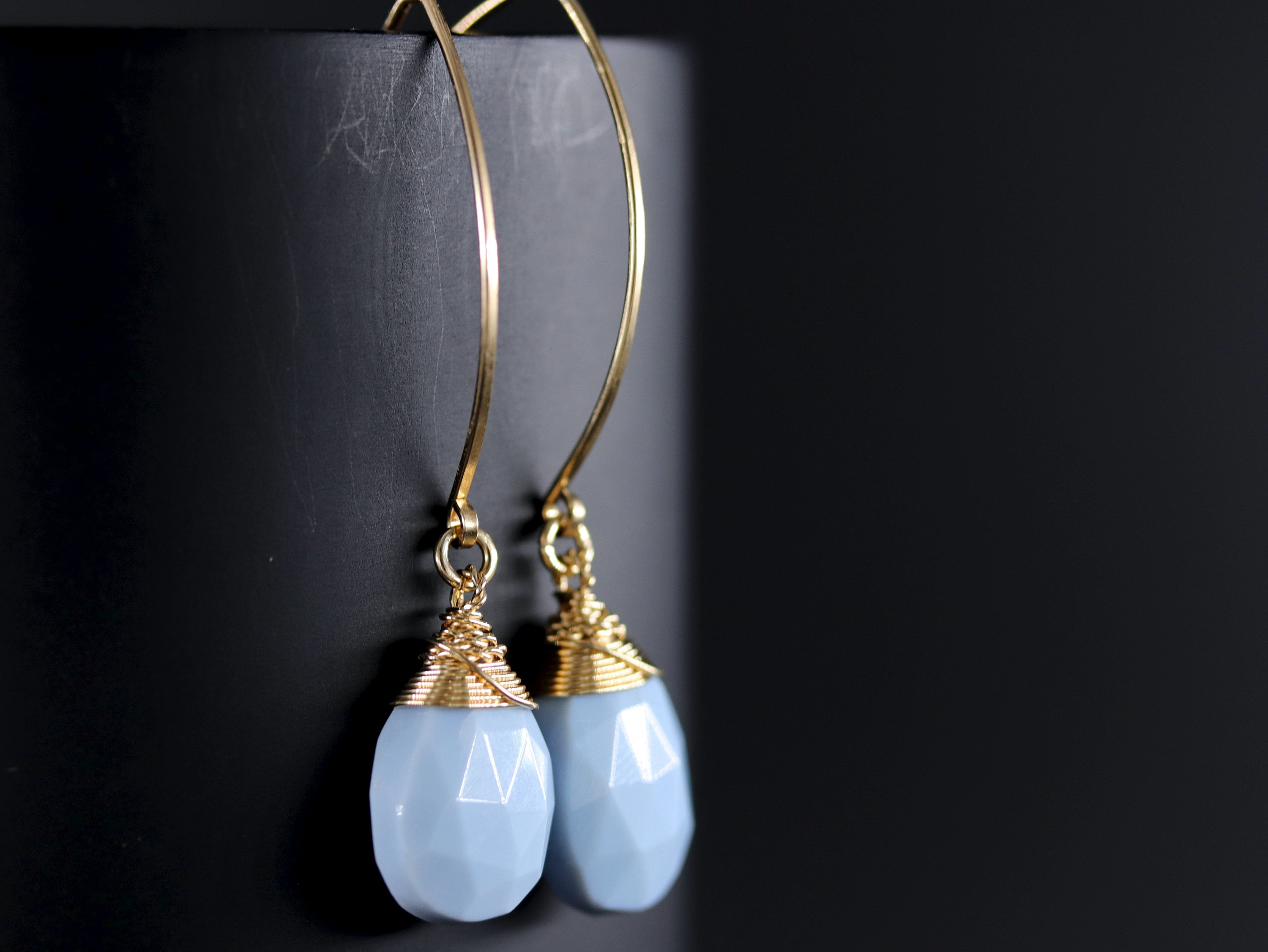 Blue Opal Teardrop Long Hoop Gemstone Earrings, 14K Gold Filled Minimalist
