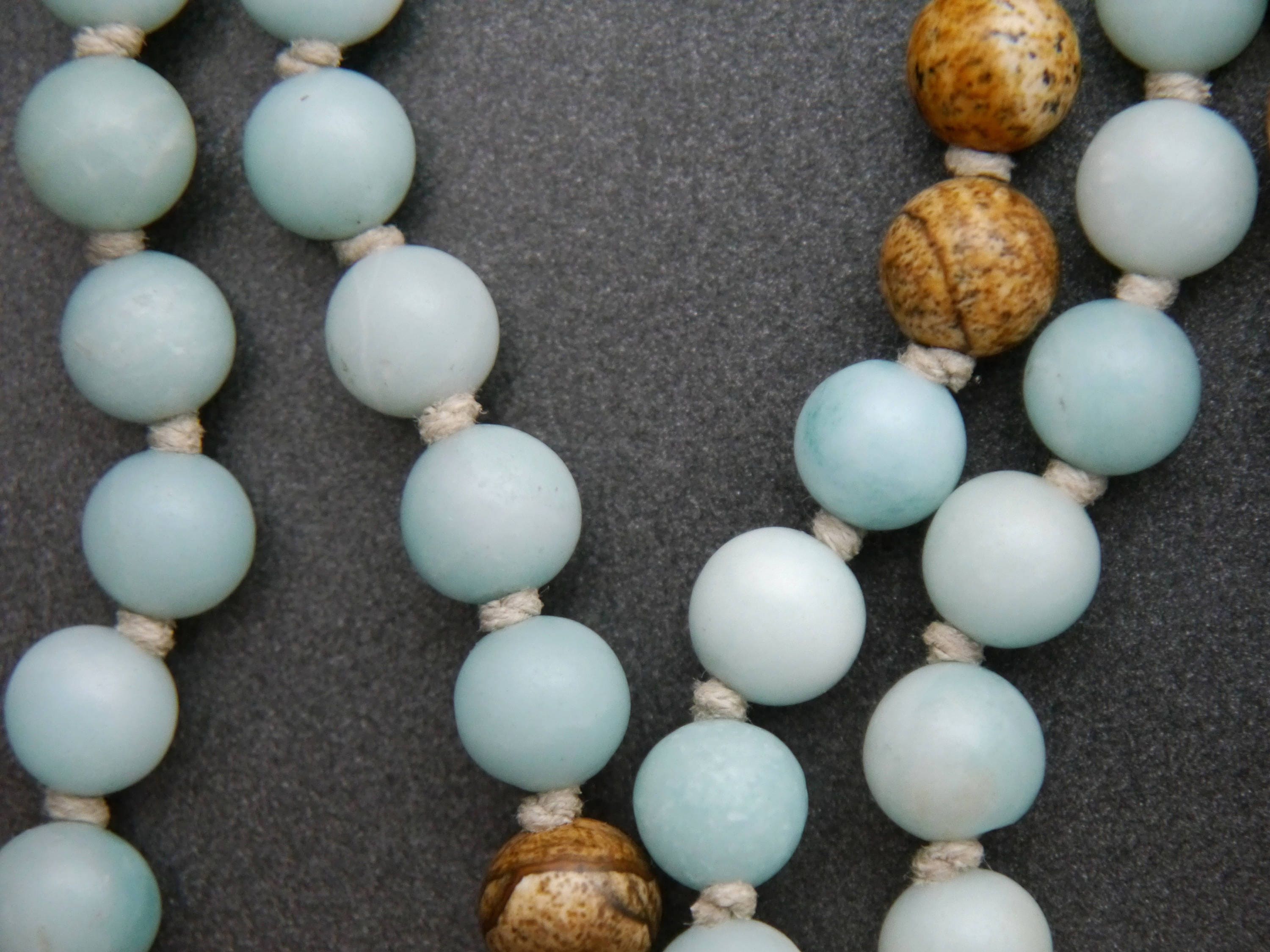 Earth Tone Picture Jasper Blue Amazonite Mala Beads, 108 Gemstone Beads, Wrap, Hand Knotted
