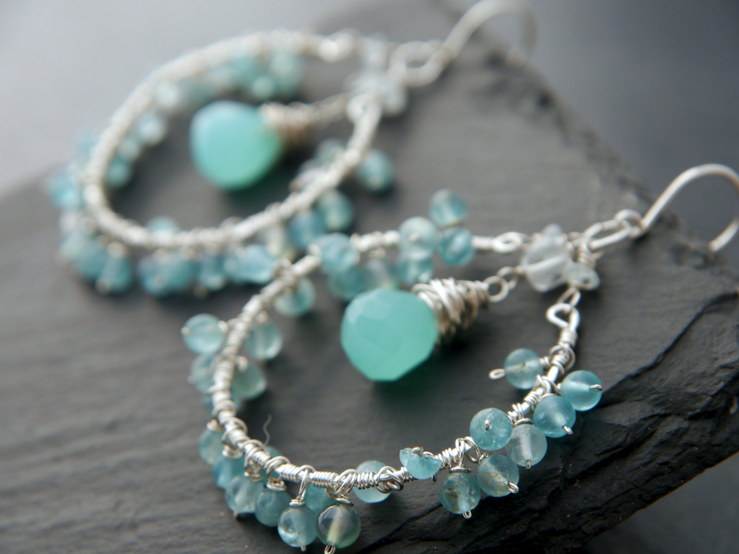 Chalcedony Goshenite Floral Garland Hoop Gemstone Earrings, Sterling Silver