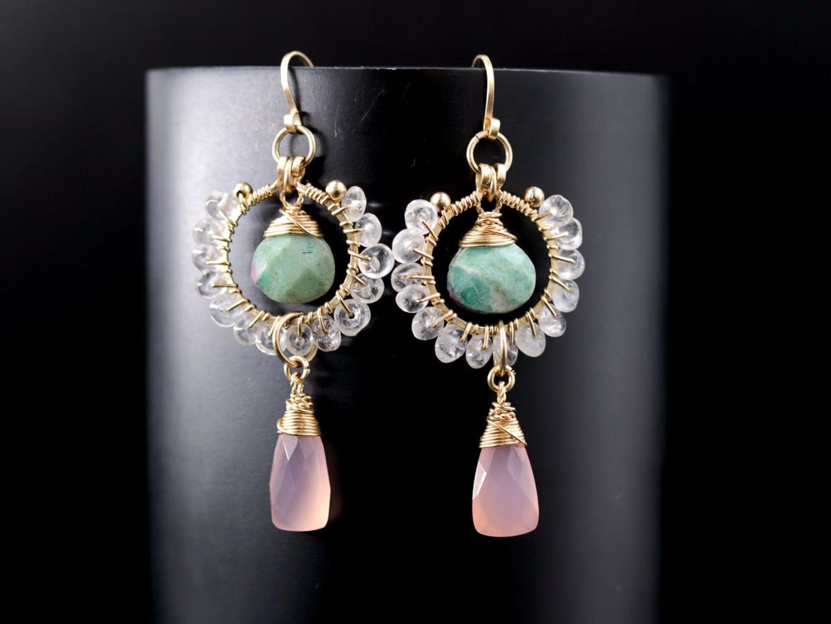 Pink Chalcedony Trillion Ruby in Fuchsite Floral Gemstone Earrings, 14K Gold Filled Unique Boho
