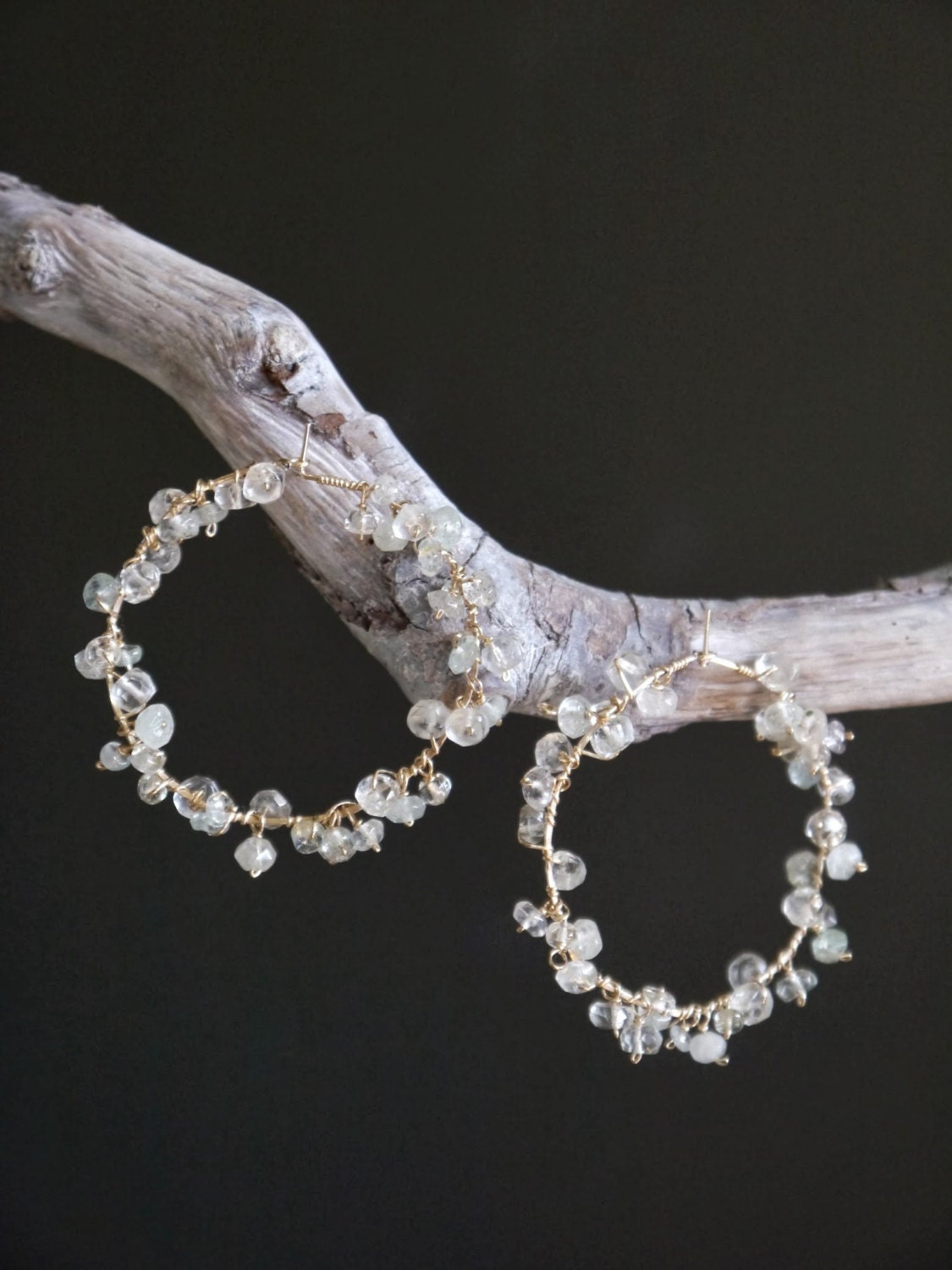 Boho Aquamarine Hoop Gemstone Earrings, 14K Gold Filled Coastal Wedding