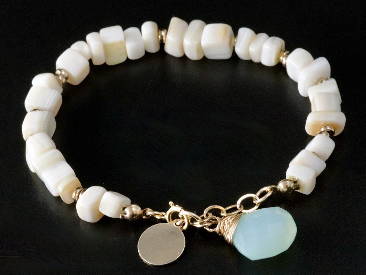 Mother of Pearl Aqua Chalcedony Beaded Gemstone Bracelet – 14K Gold Filled Jewelry