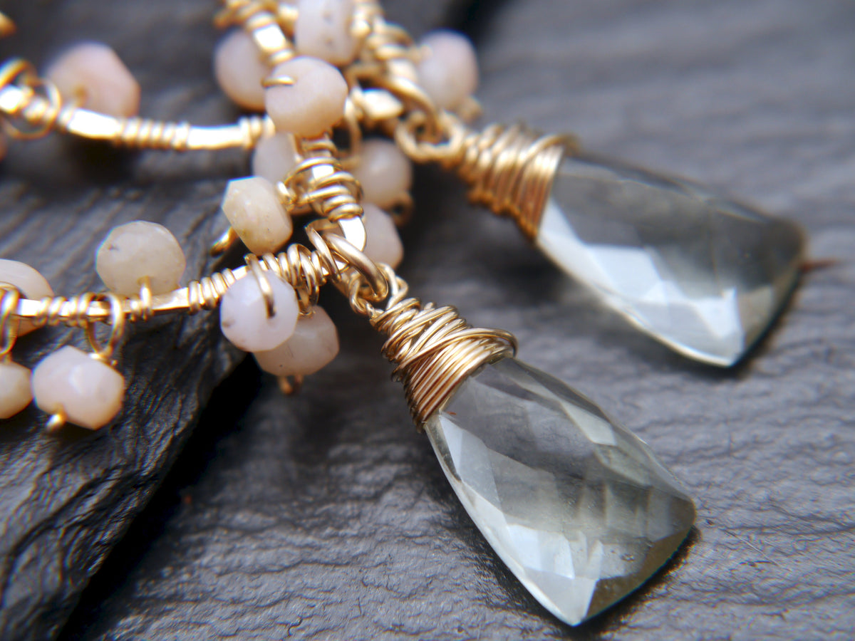 Bridal Chandelier Gold Earrings, 14K Gold Filled, Pink Opal, Aquamarine & Green Amethyst, Garden Wedding Earrings