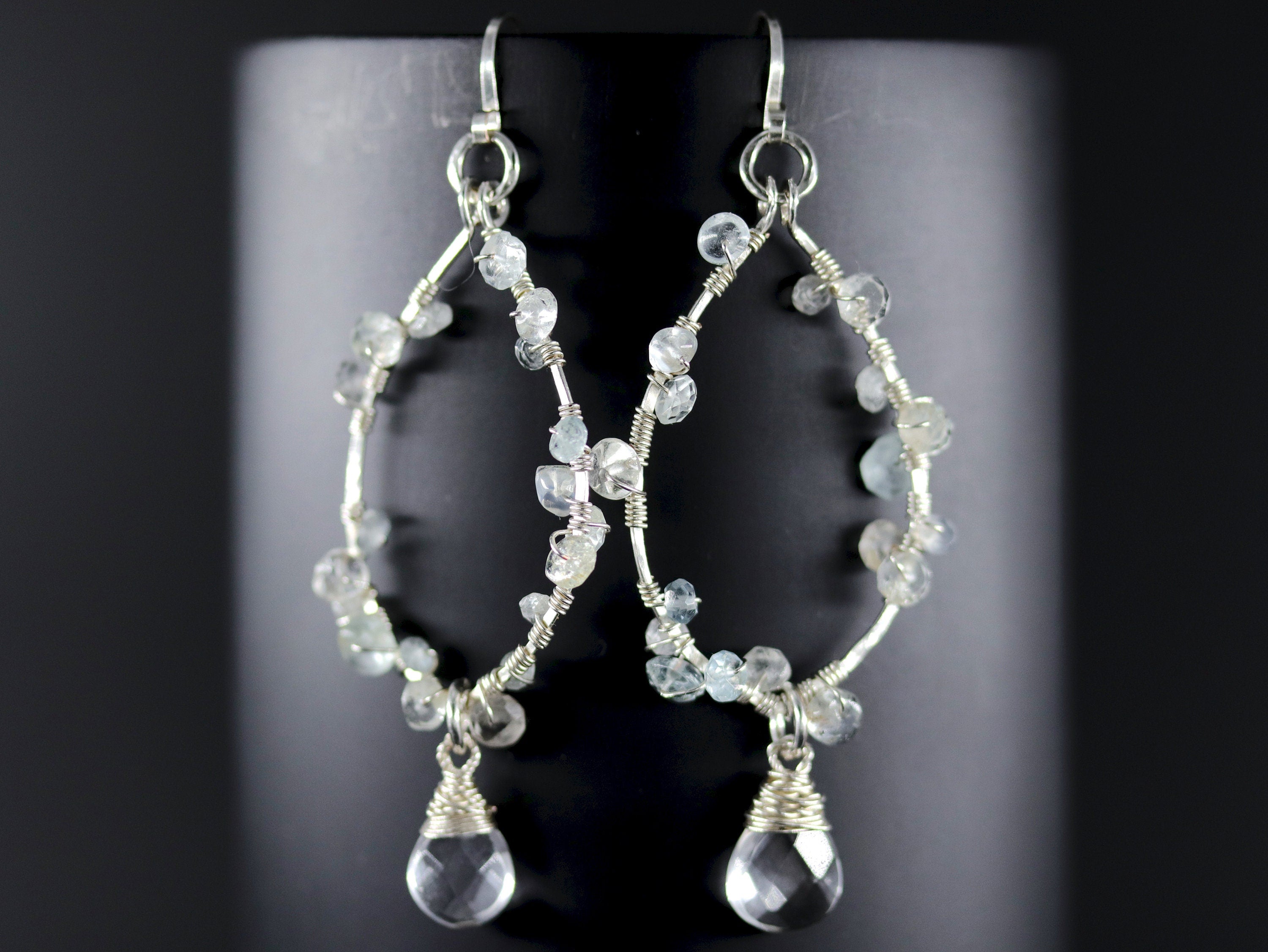Aquamarine Quartz Floral Chandelier Dangle Gemstone Earrings, Sterling Silver, Bridal