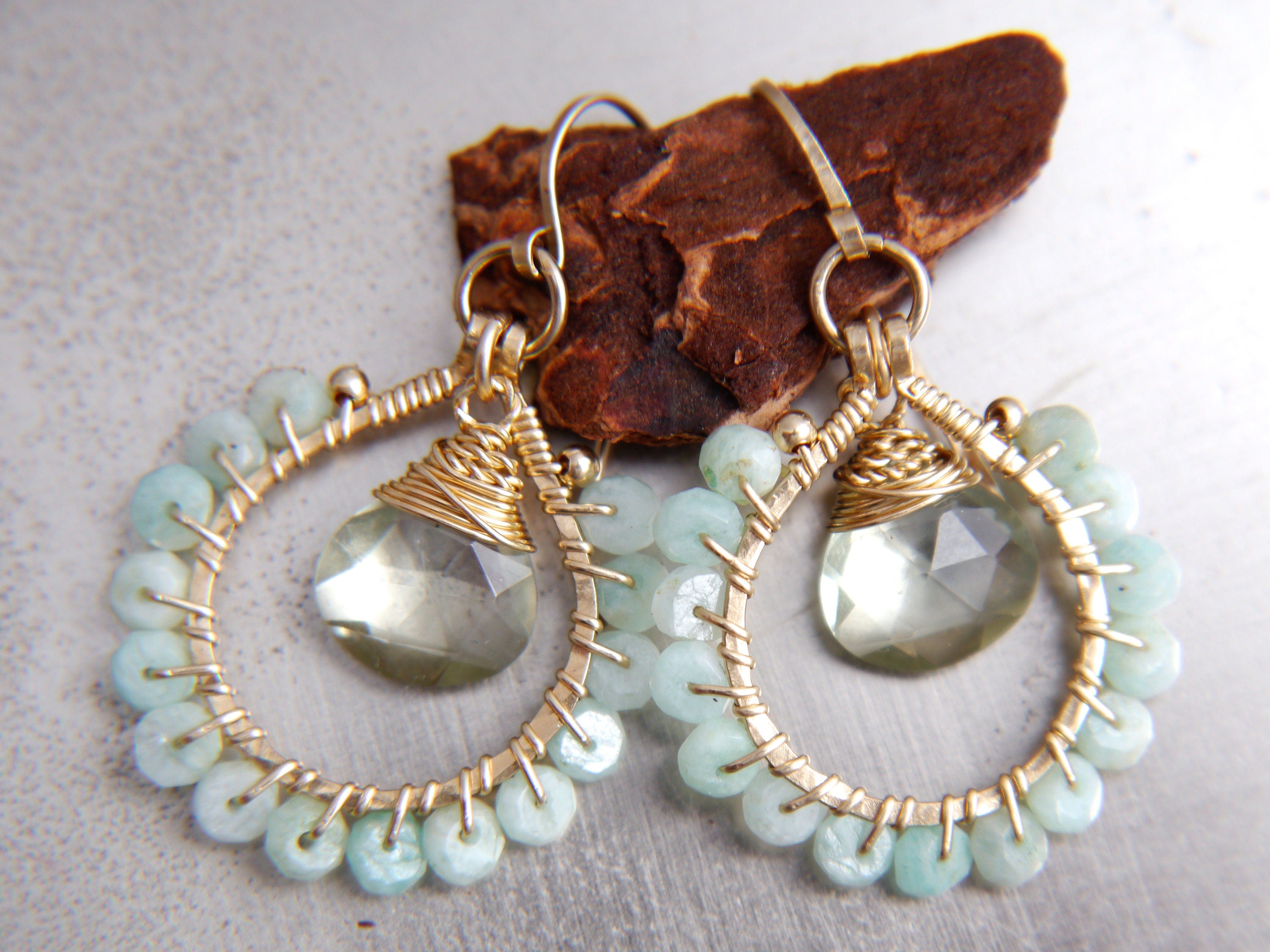 Amazonite Green Amethyst Hoop Earrings, 14K Gold Filled Gemstone Hoops, February Birthstone