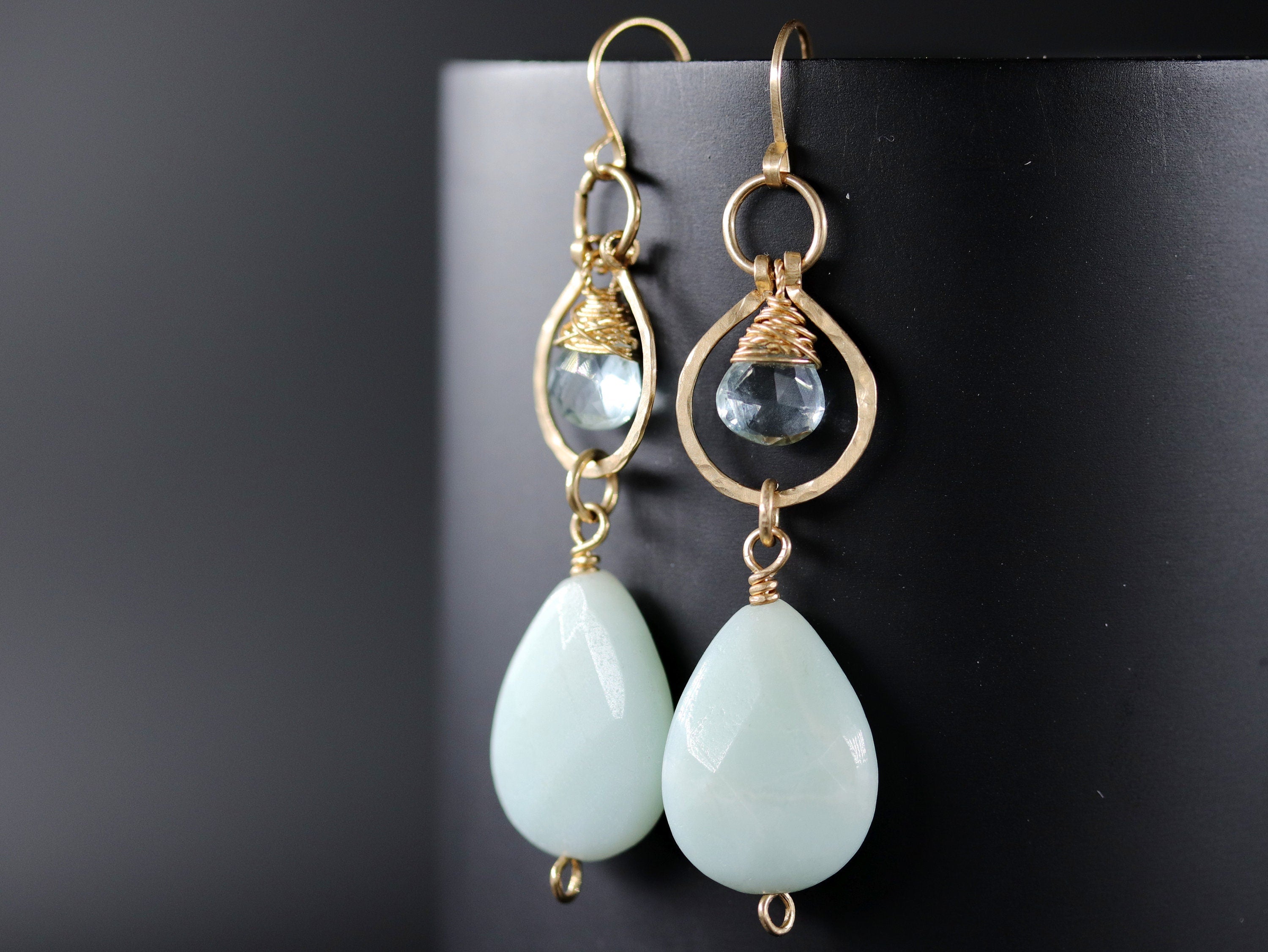 Amazonite Green Amethyst Chandelier Earrings, 14K Gold Filled Statement Dangle, Boho Bridal Jewelry