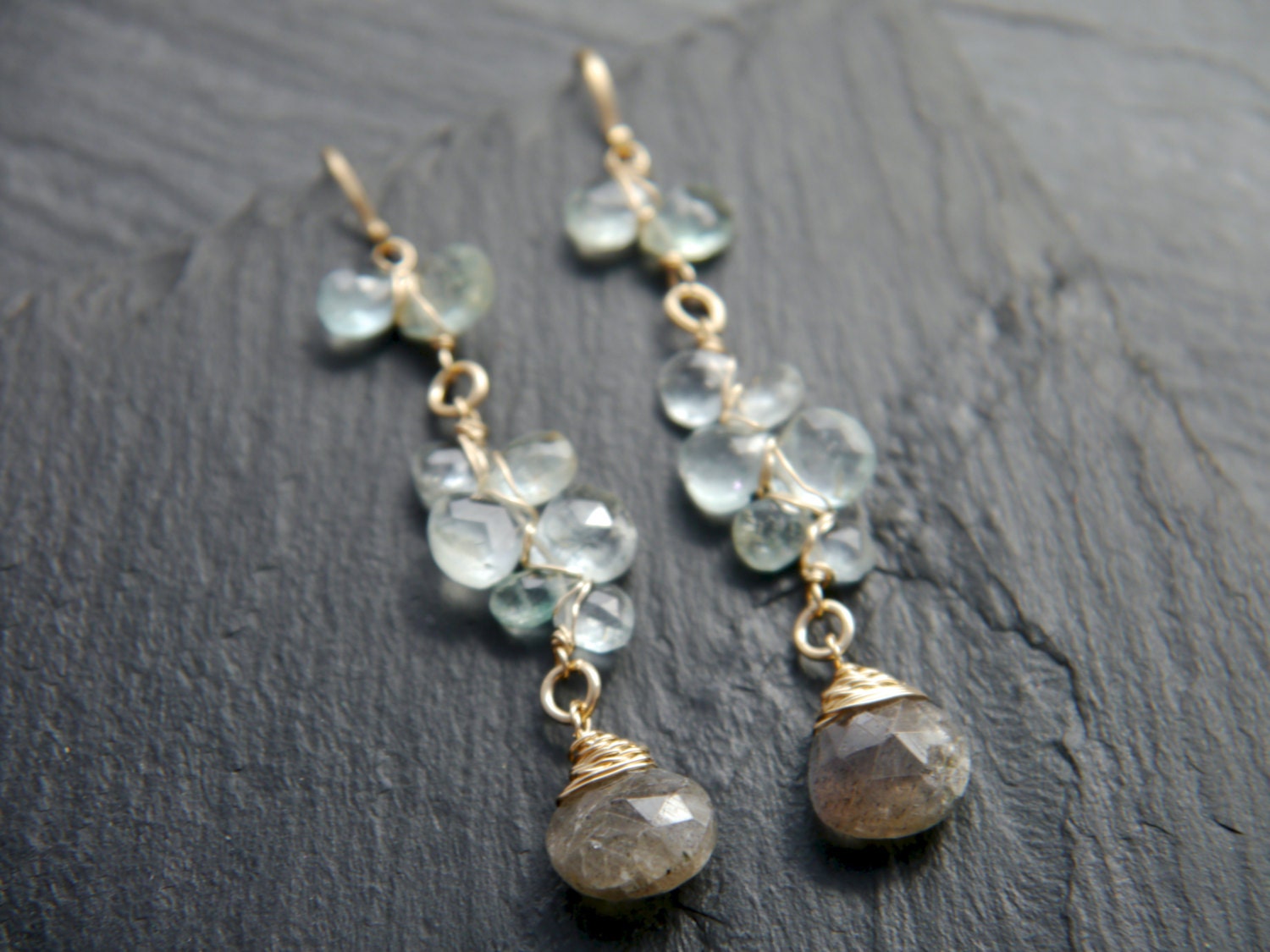 Aquamarine Labradorite Floral Long Dangle Gemstone Earrings, 14K Gold Filled Wedding