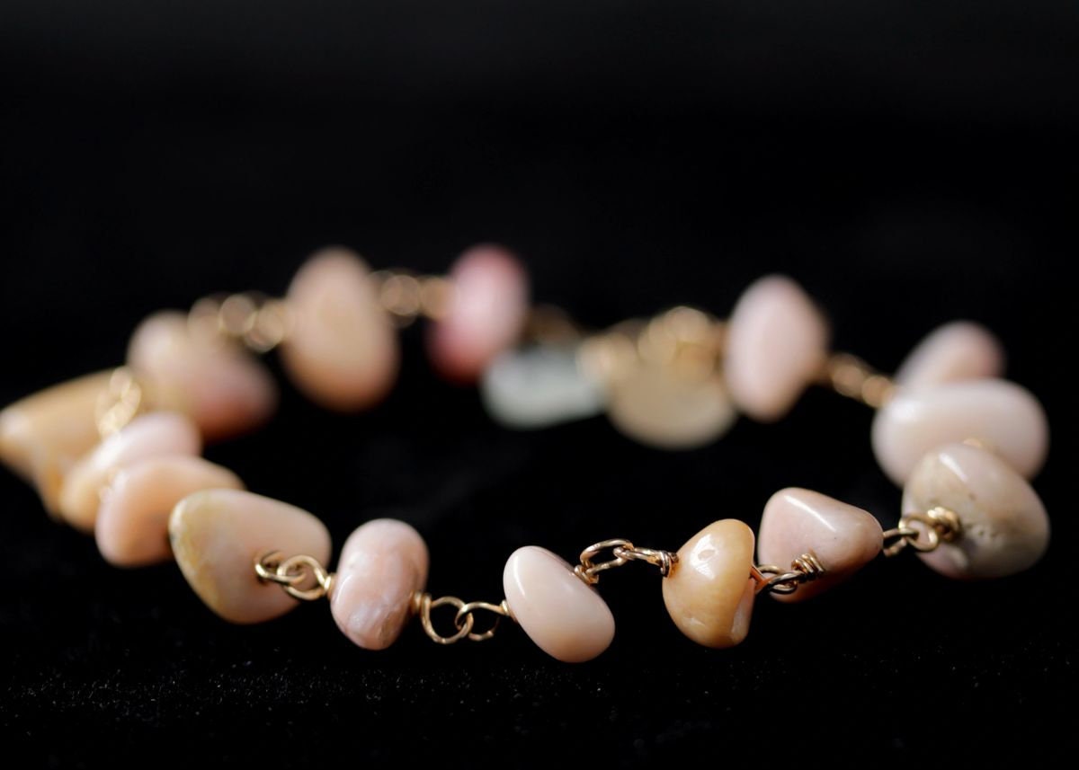 Pink Opal Aquamarine 14K Gold Filled Gemstone Bracelet, Pastel Beaded Jewelry