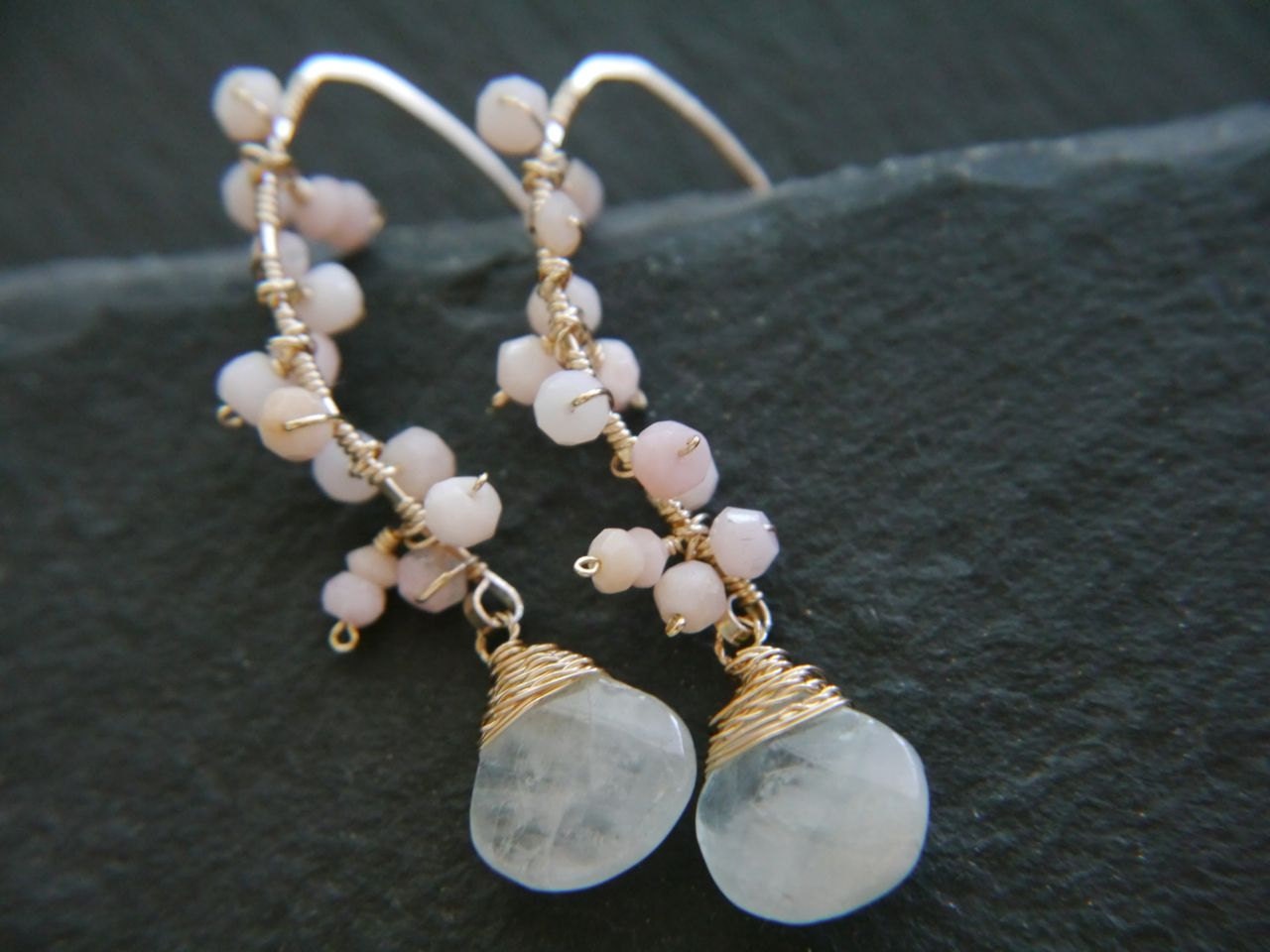 Aquamarine Pink Opal Floral Gemstone Earrings, 14K Gold Filled Ethereal Bride