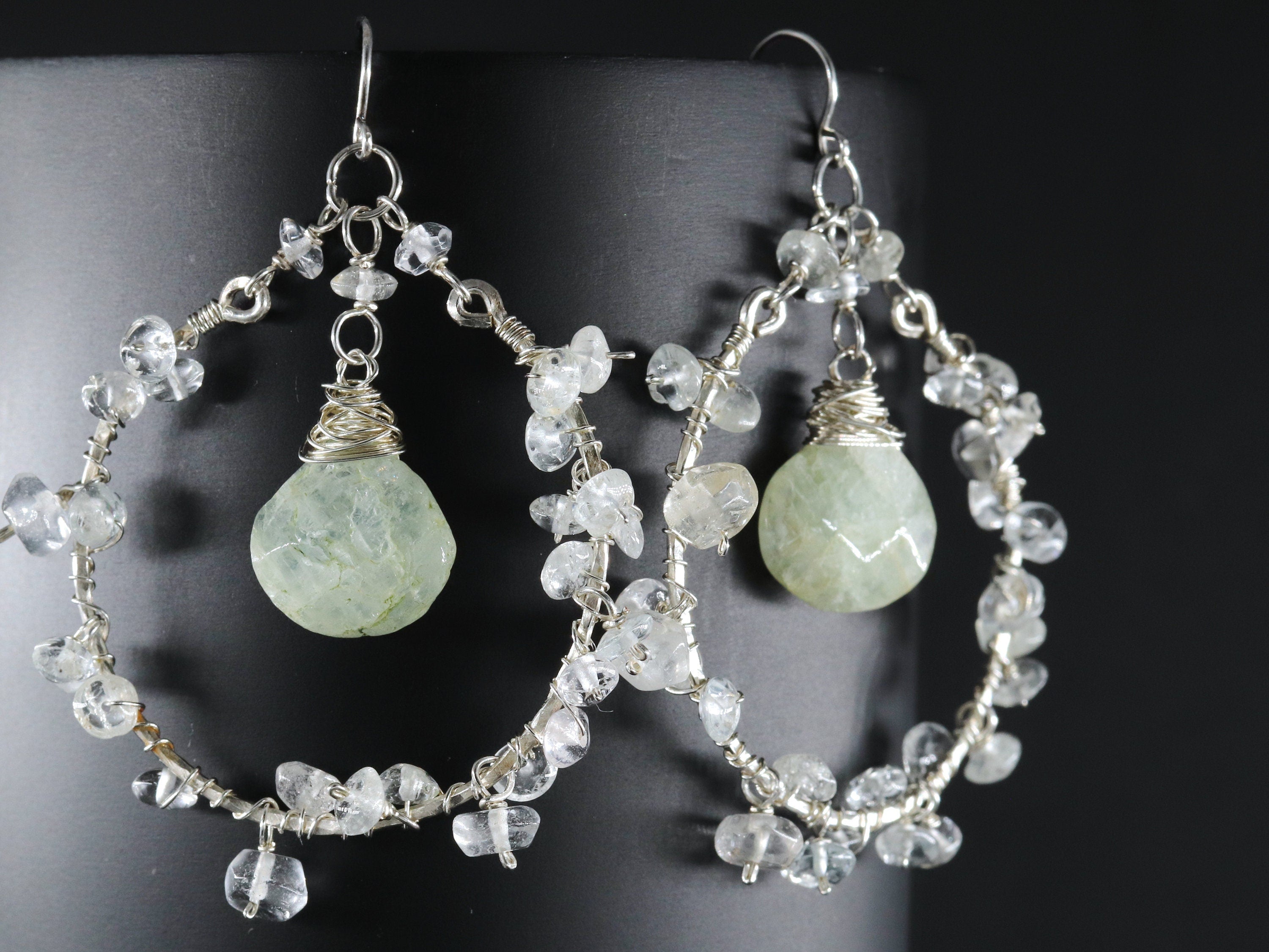 Aquamarine Chandelier Floral Hoop Gemstone Earrings, Sterling Silver Bridal Jewelry