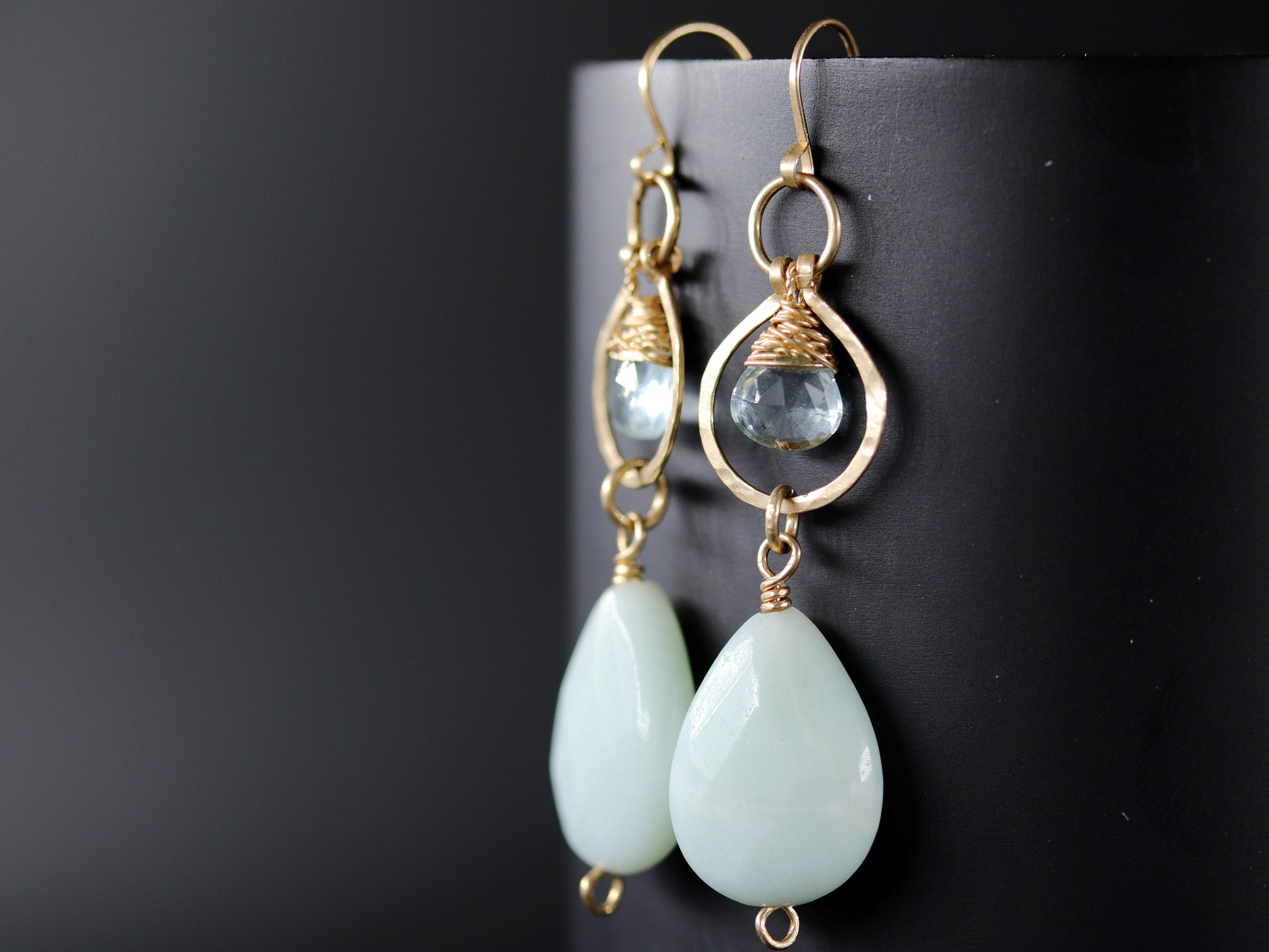 Amazonite Green Amethyst Chandelier Earrings, 14K Gold Filled Statement Dangle, Boho Bridal Jewelry