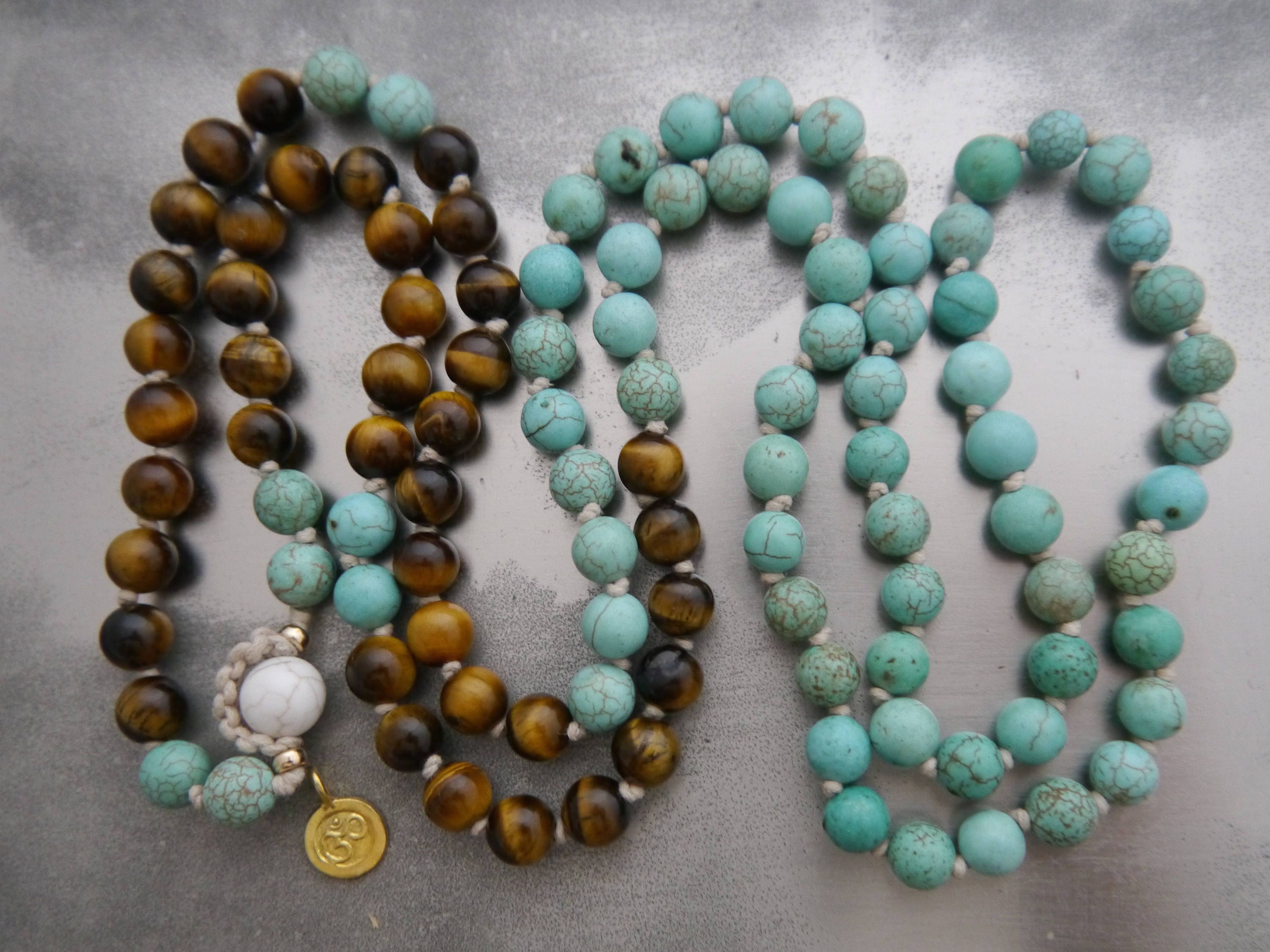 Tiger's Eye Turquoise Magnesite 108 Mala Beads, Hand Knotted