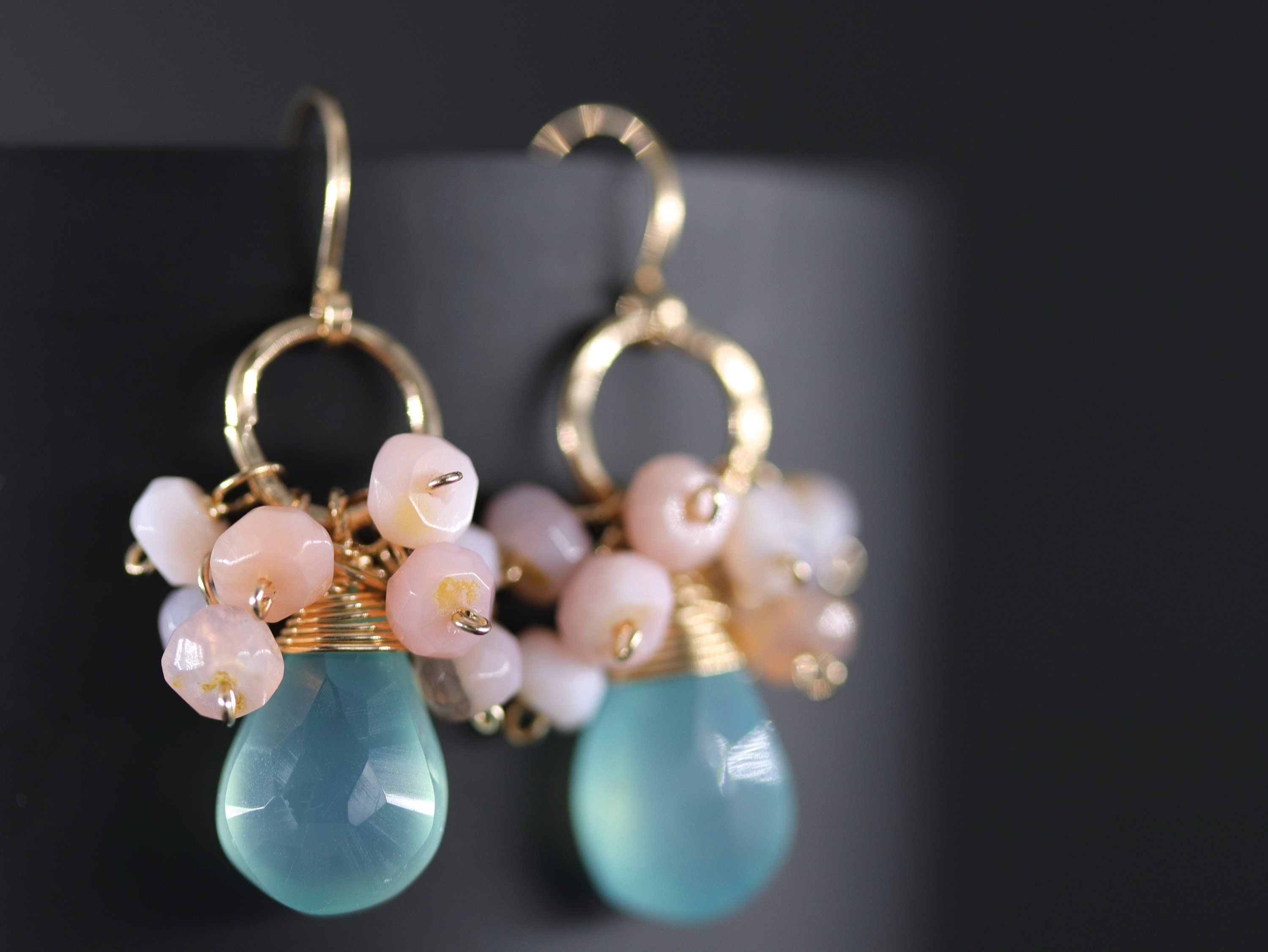 Aqua Chalcedony Briolette Pink Opal Cluster Gemstone Earrings, 14K Gold Filled Botanical Style