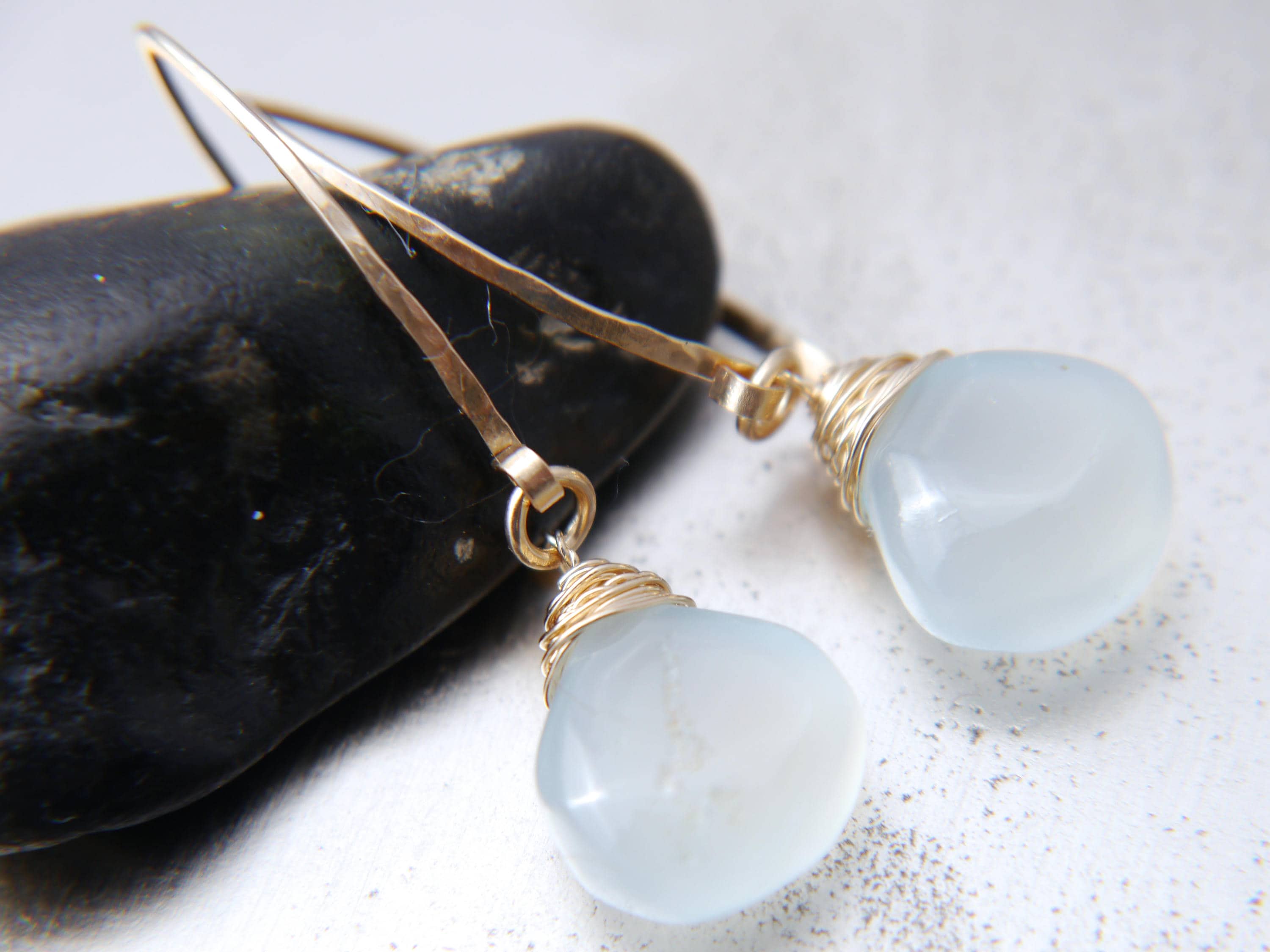 Aqua Chalcedony Heart Briolette Gemstone Earrings, 14K Gold Filled Hoops Dainty