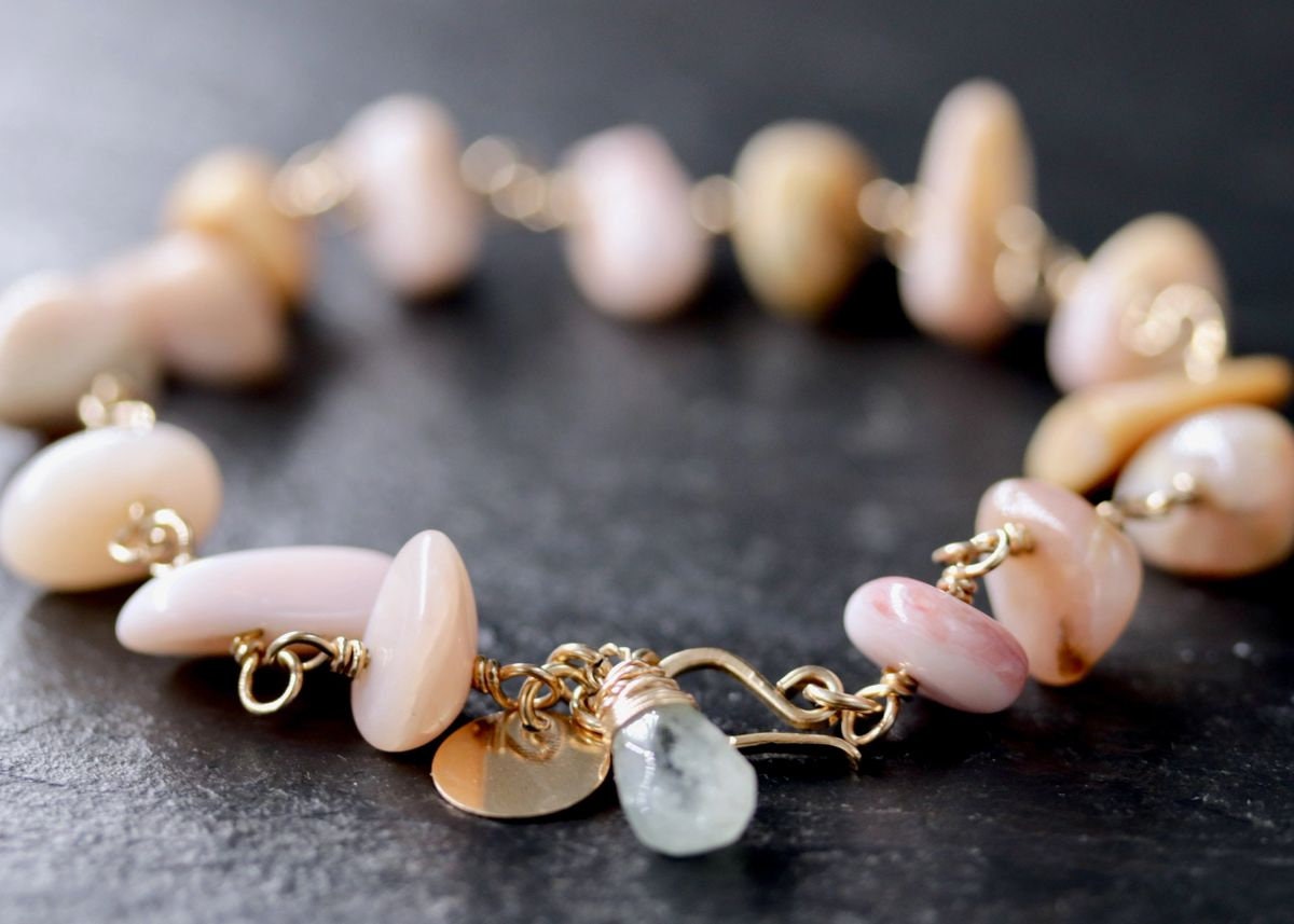 Pink Opal Aquamarine 14K Gold Filled Gemstone Bracelet, Pastel Beaded Jewelry