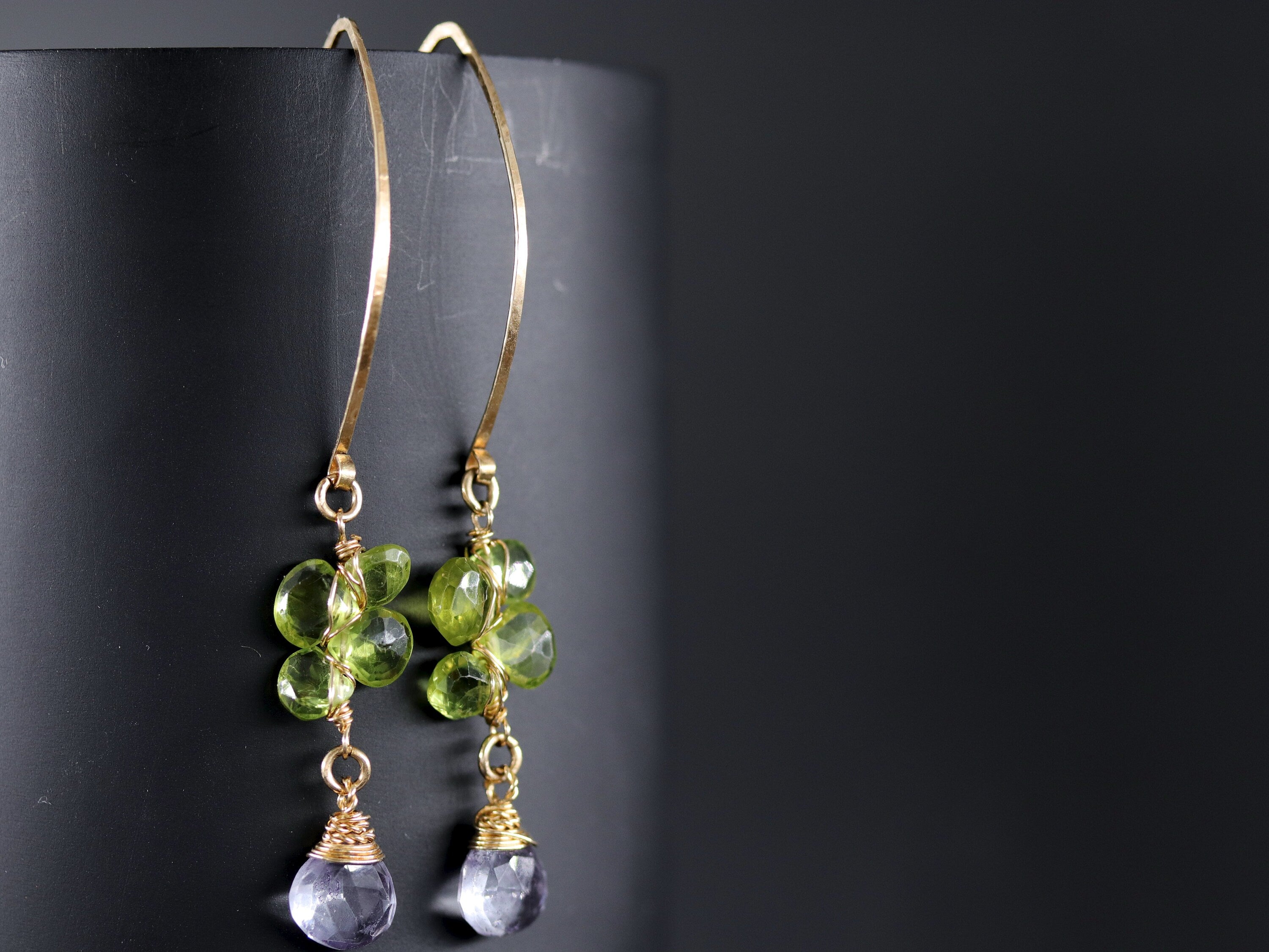 Blue Quartz and Peridot Floral Cluster Gemstone Earrings, 14K Gold Filled Botanical