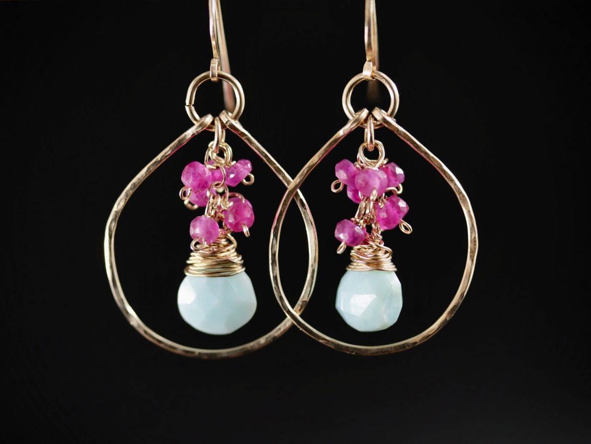 Peruvian Opal Ruby Floral Gemstone Earrings, 14K Gold Filled Bohemian Jewelry