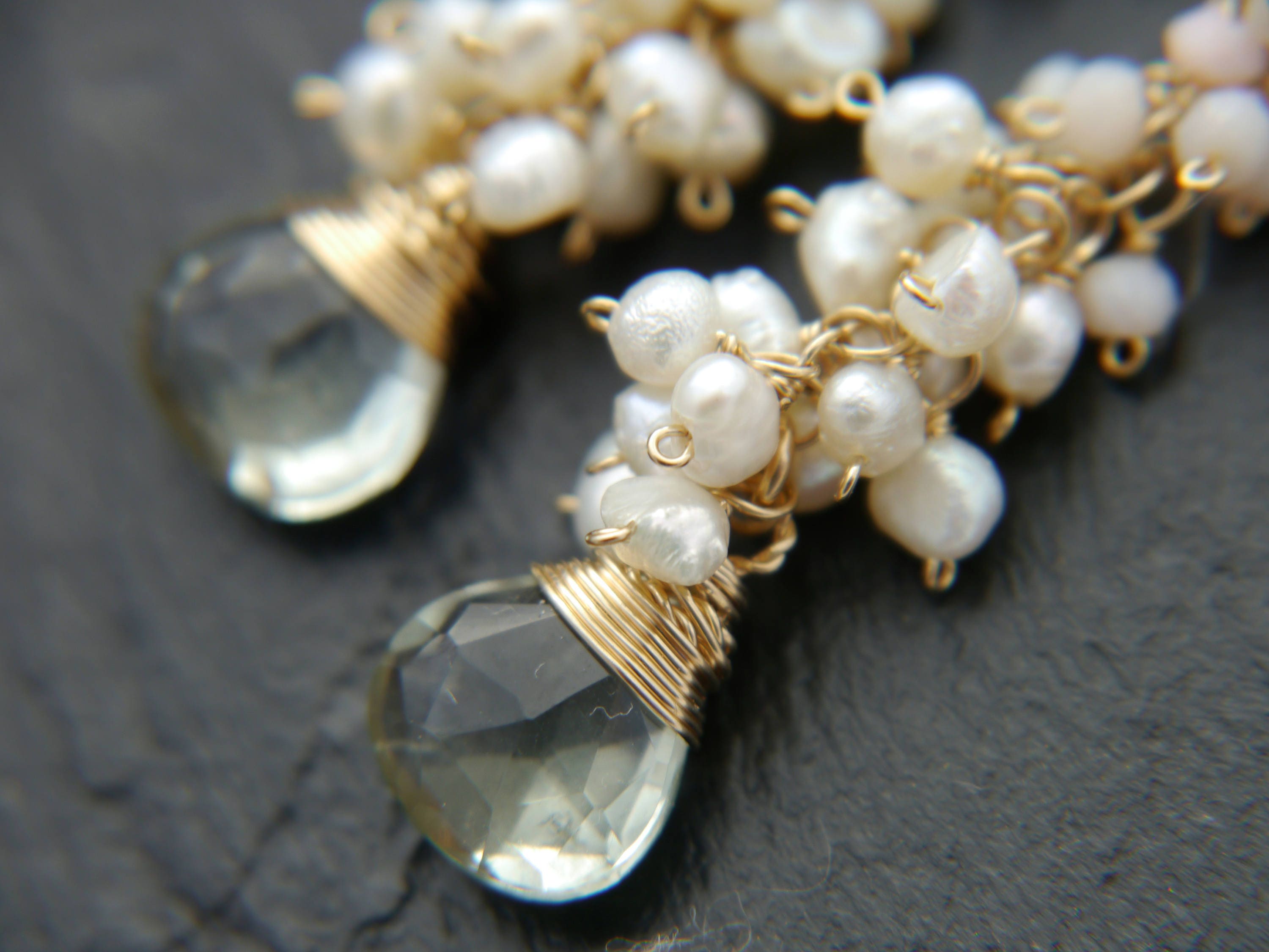 Green Amethyst Pearl Teardrop Cluster Floral Gemstone Earrings, 14K Gold Filled