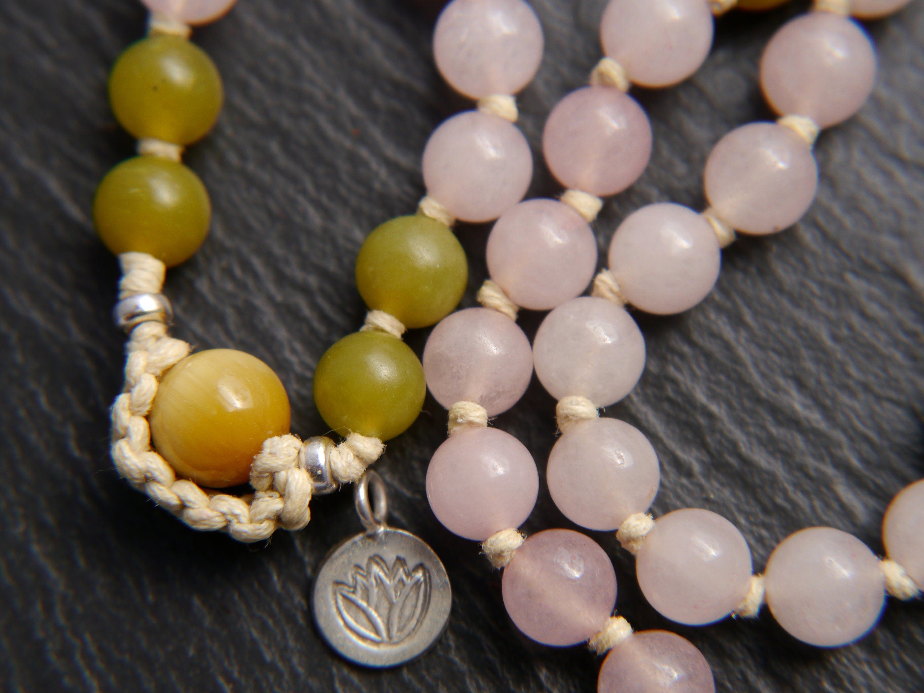 Rose Quartz Serpentine Mala Beads, 108 Gemstone Beads, Wrap, Hand Knotted